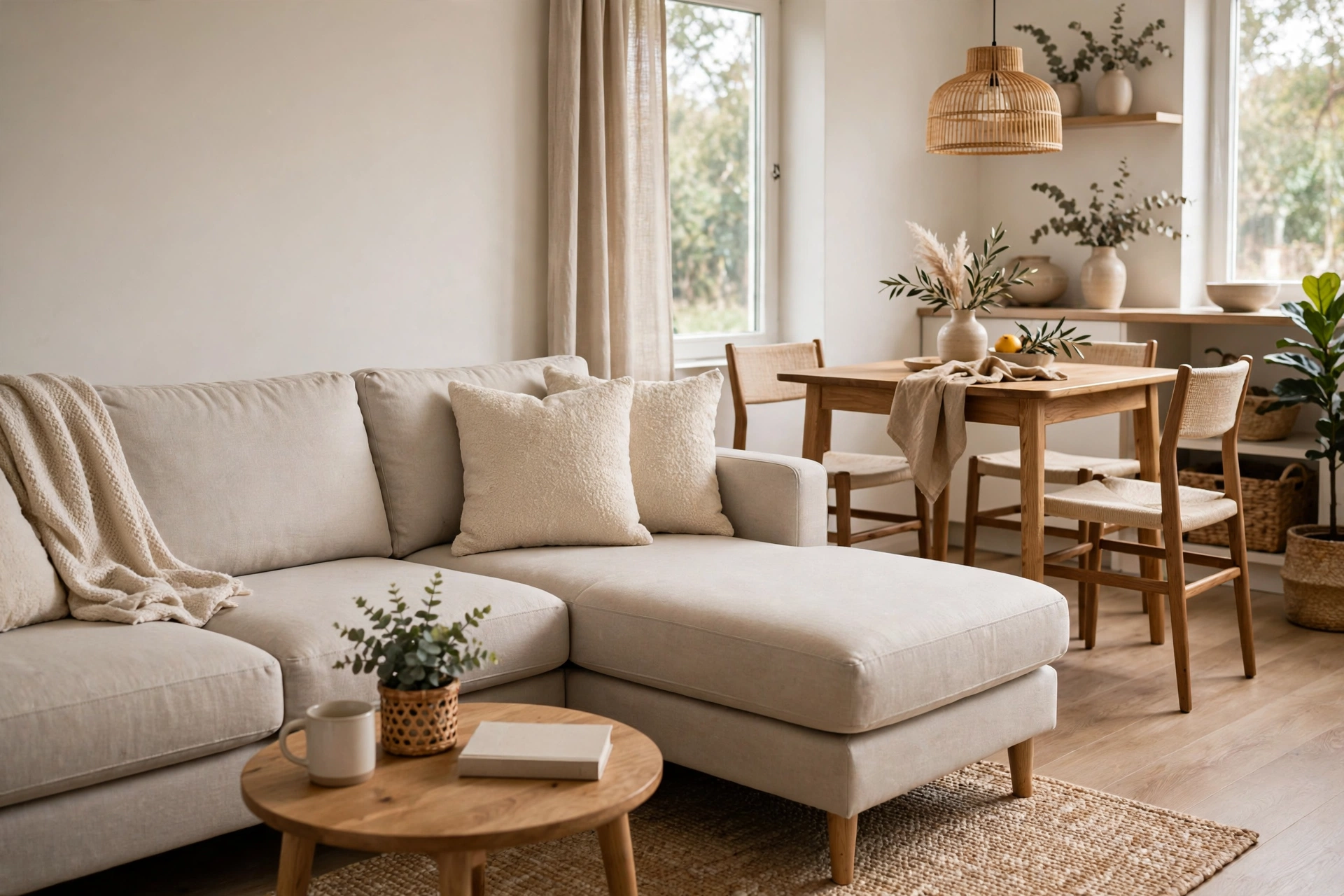 Compact light-colored sectional with chaise defining the living zone in a combo room.