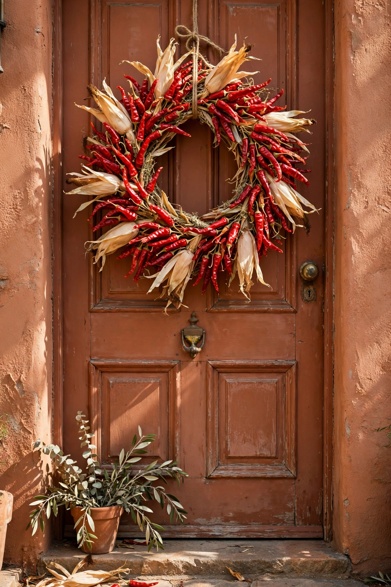 Vibrant red dried chili pepper wreath with corn husks on a terracotta door.