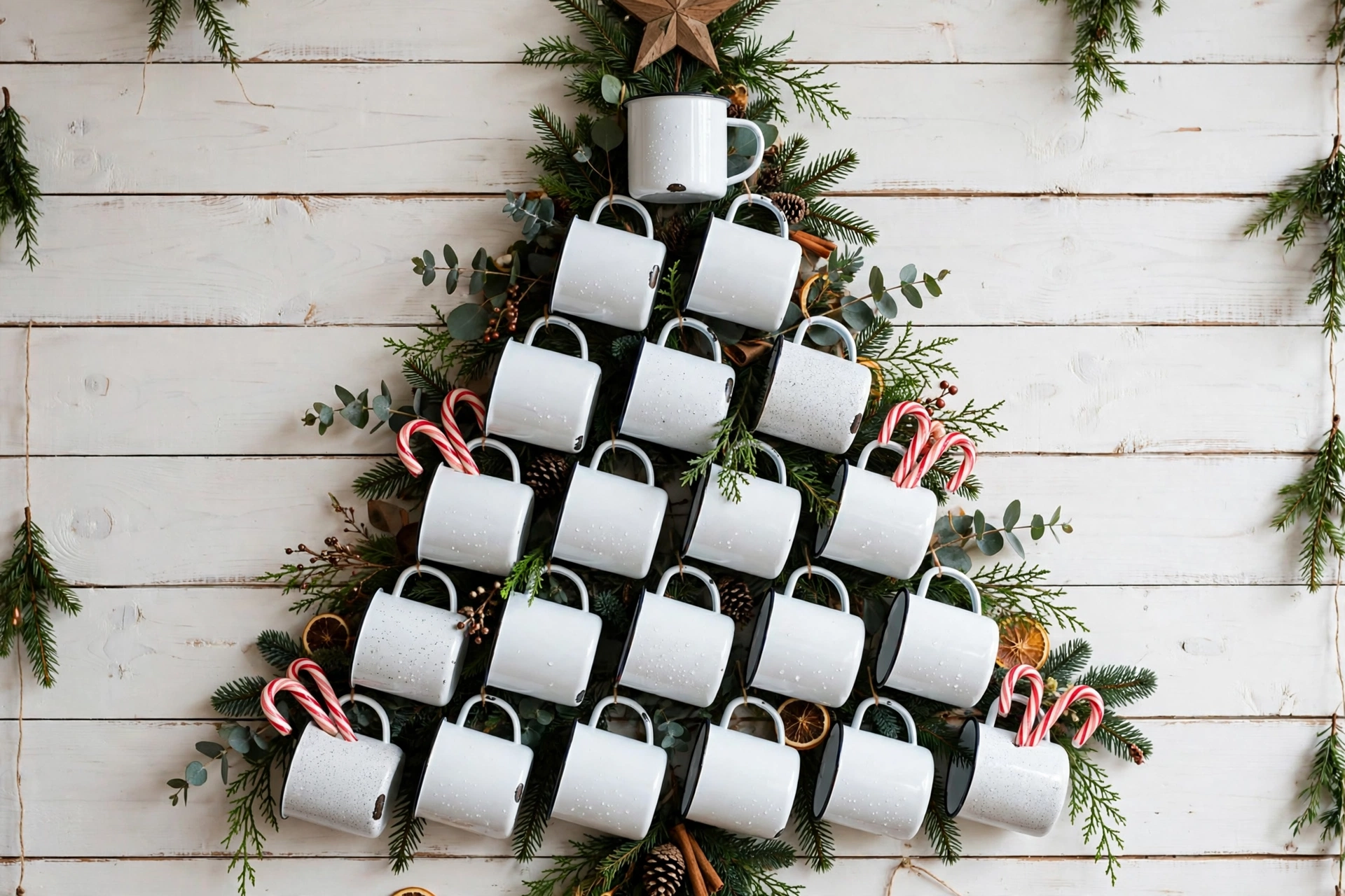 White enamel mugs arranged in a Christmas tree shape on a farmhouse wall with greenery.