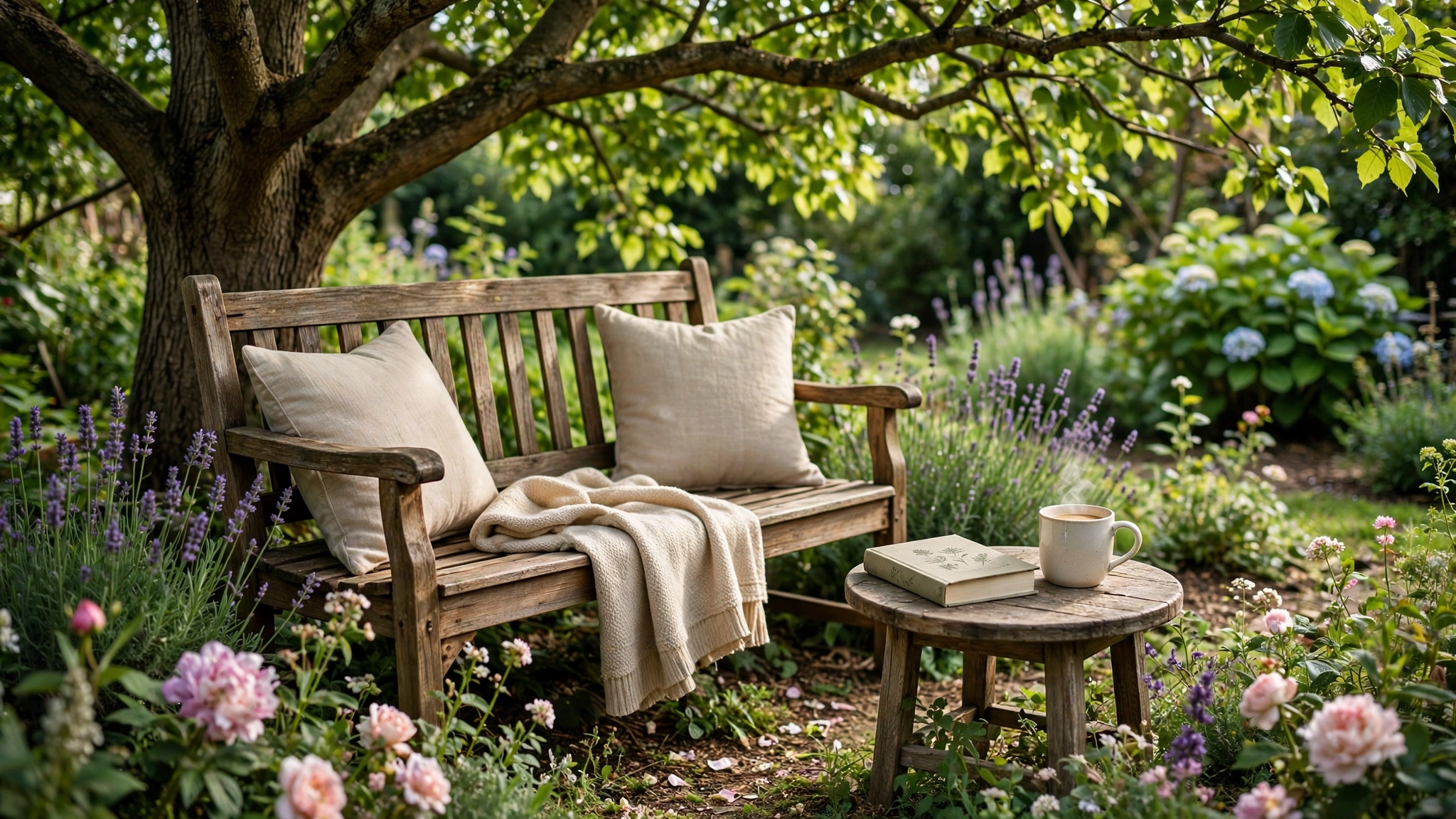 A wooden garden bench reading nook under a tree with cushions, a throw blanket, and a side table with a book