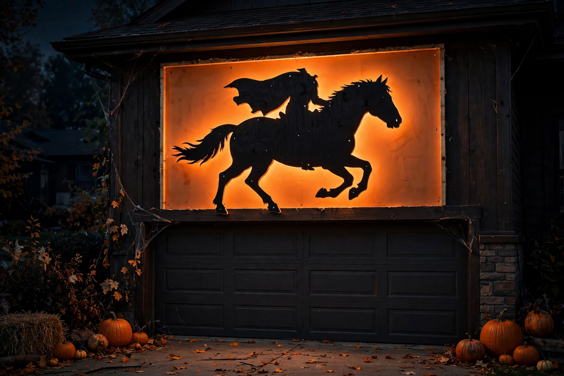 Black plywood headless horseman silhouette backlit by orange light on a garage.