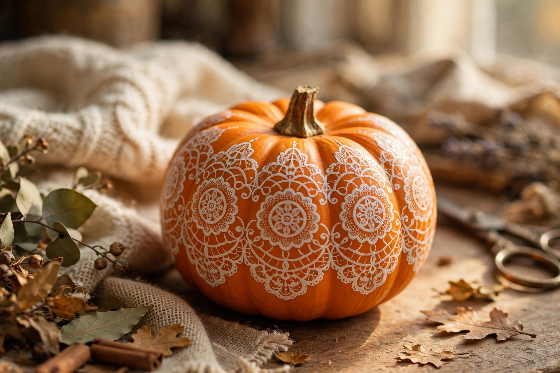 Lace doily stenciled mini pumpkin — mini pumpkin painting idea