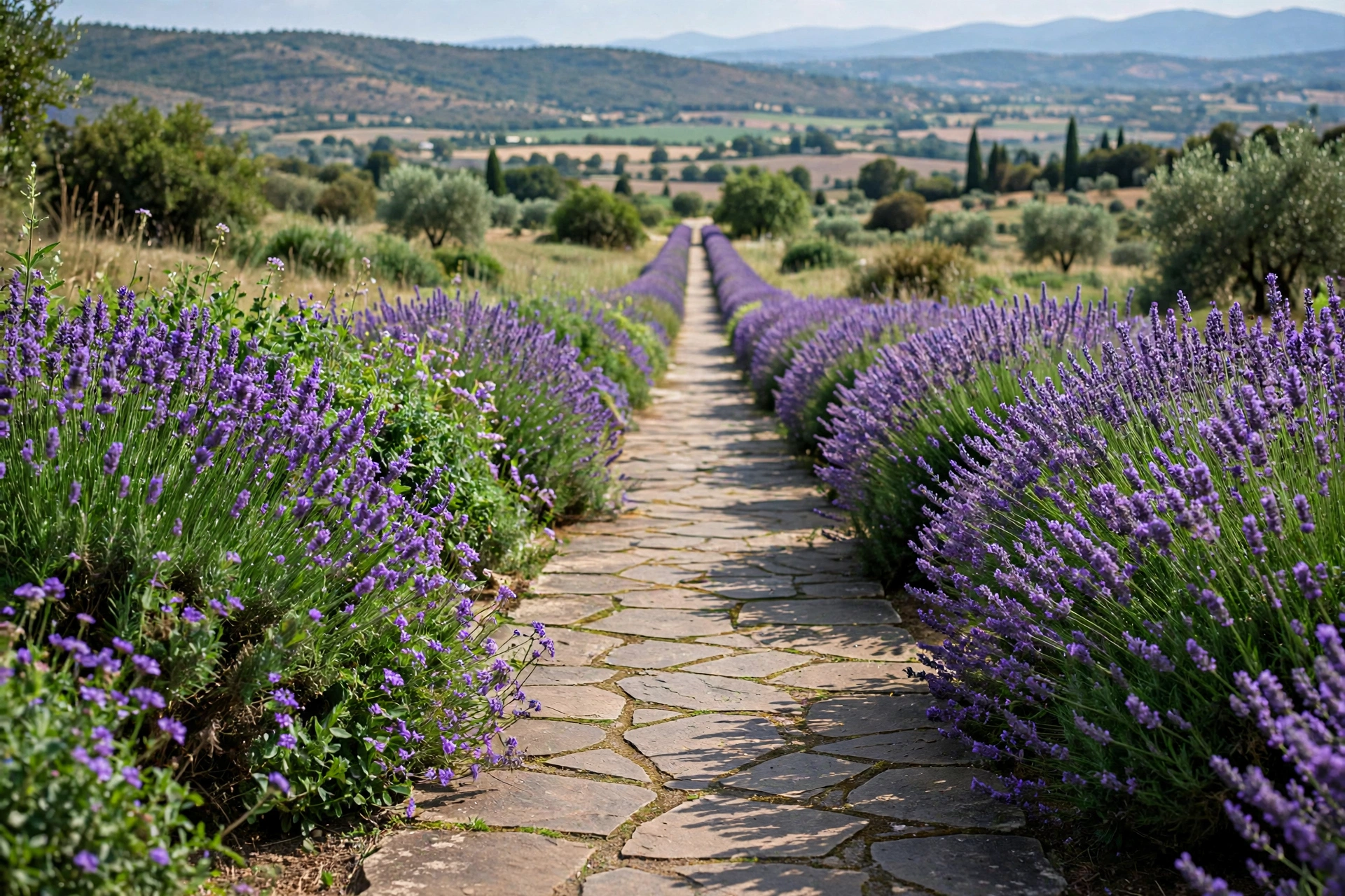 Walkway lined on both sides with blooming lavender bushes.