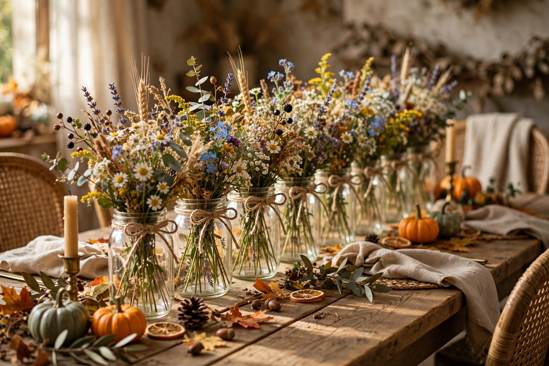 Mason jar wildflowers — Thanksgiving centerpiece idea