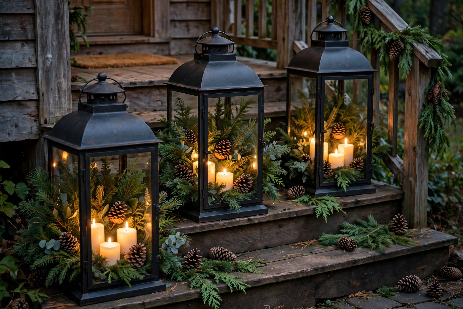 Oversized lanterns filled with evergreens, pinecones and glowing candles on steps.
