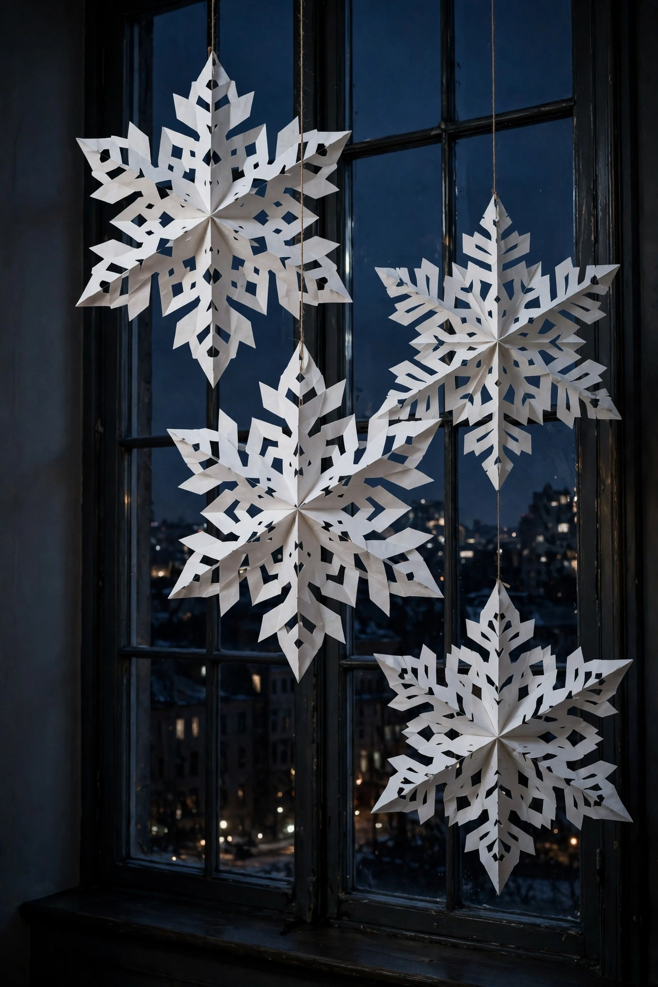 Large white paper snowflakes hanging in a tall window against a dark evening sky.