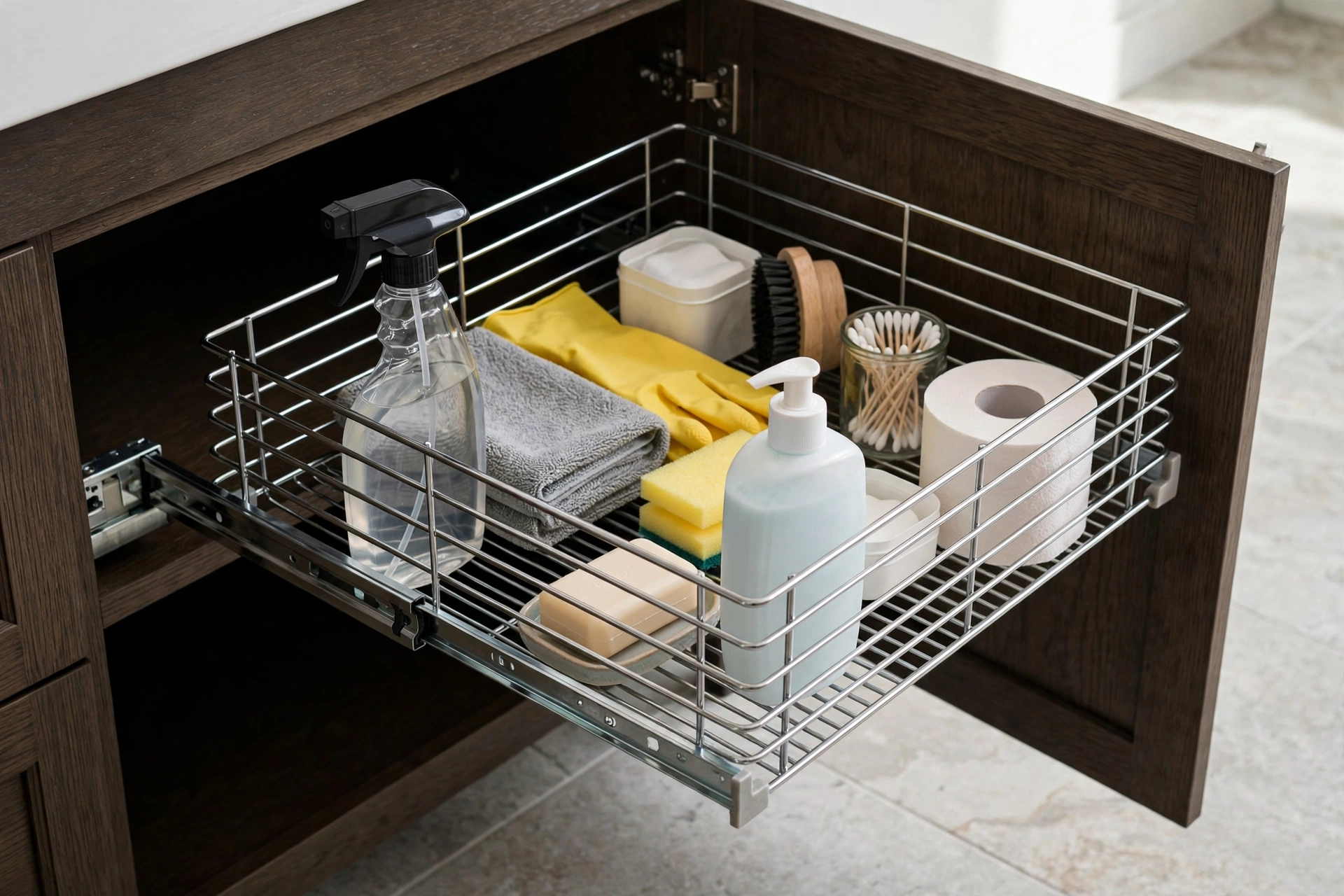 A pull-out sliding basket organizer extended from under a bathroom vanity with cleaning supplies and toiletries, realistic photo, no text