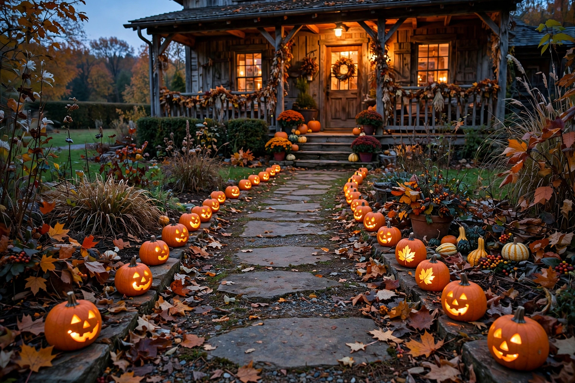 Walkway lined with small glowing pumpkin lanterns leading to a farmhouse porch.
