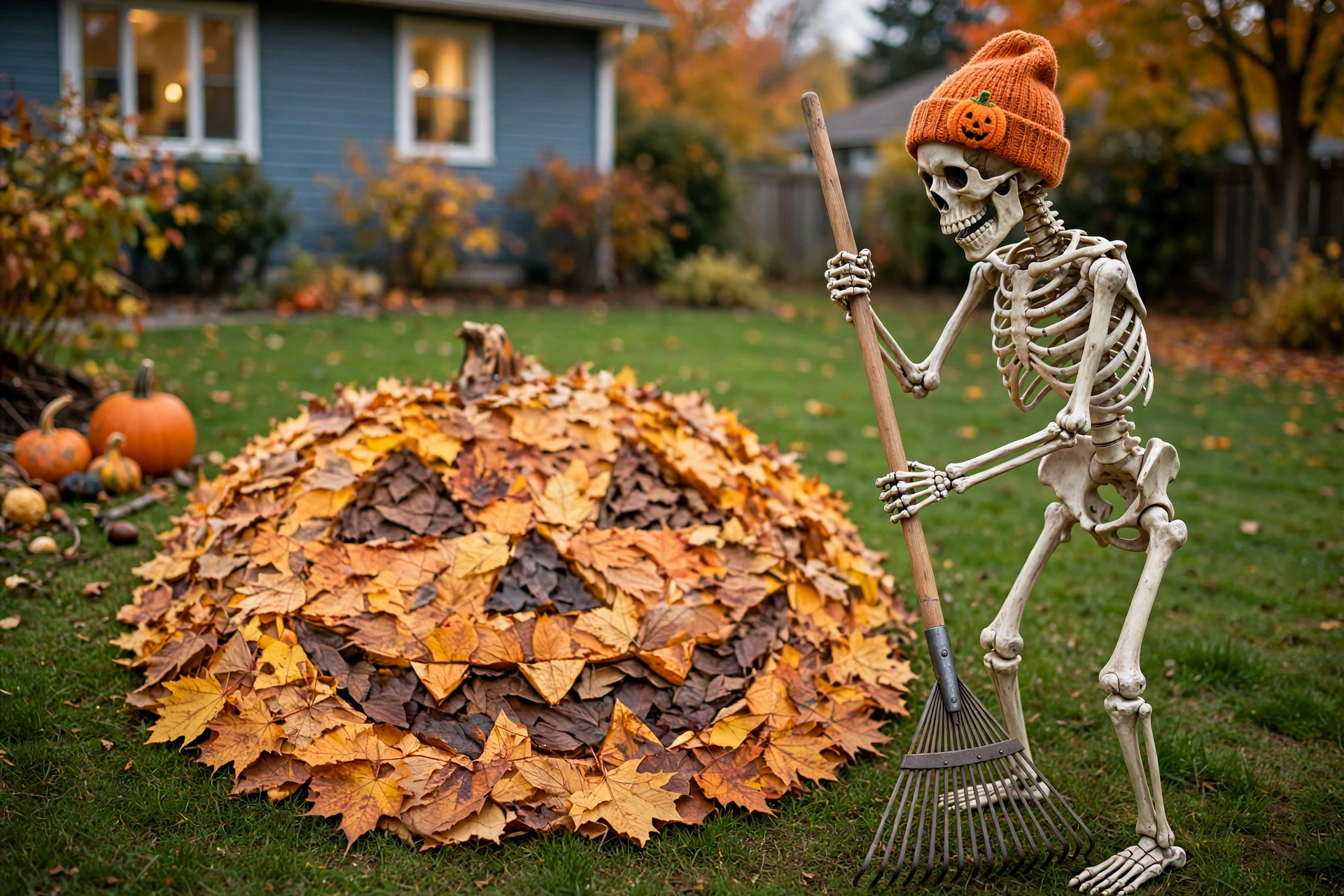 Skeleton holding a rake next to a pile of leaves arranged in a jack-o-lantern face on a lawn.