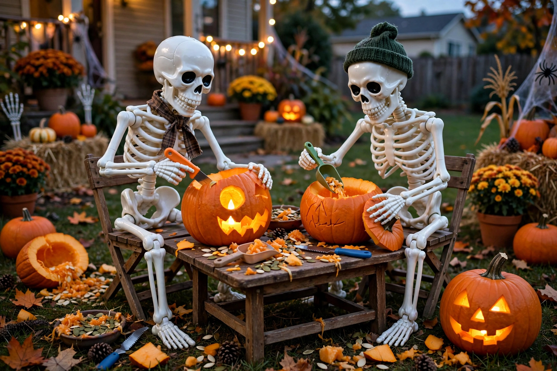 Two skeletons carving pumpkins at a small table with tools and pumpkin guts.