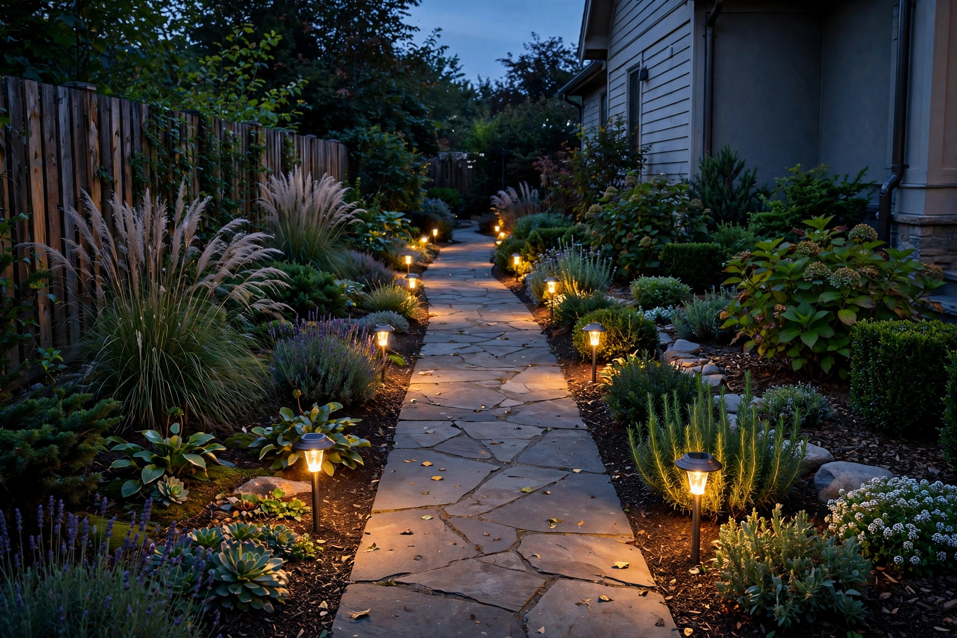 Side yard walkway lined with glowing solar path lights at dusk, landscaped beds on both sides.