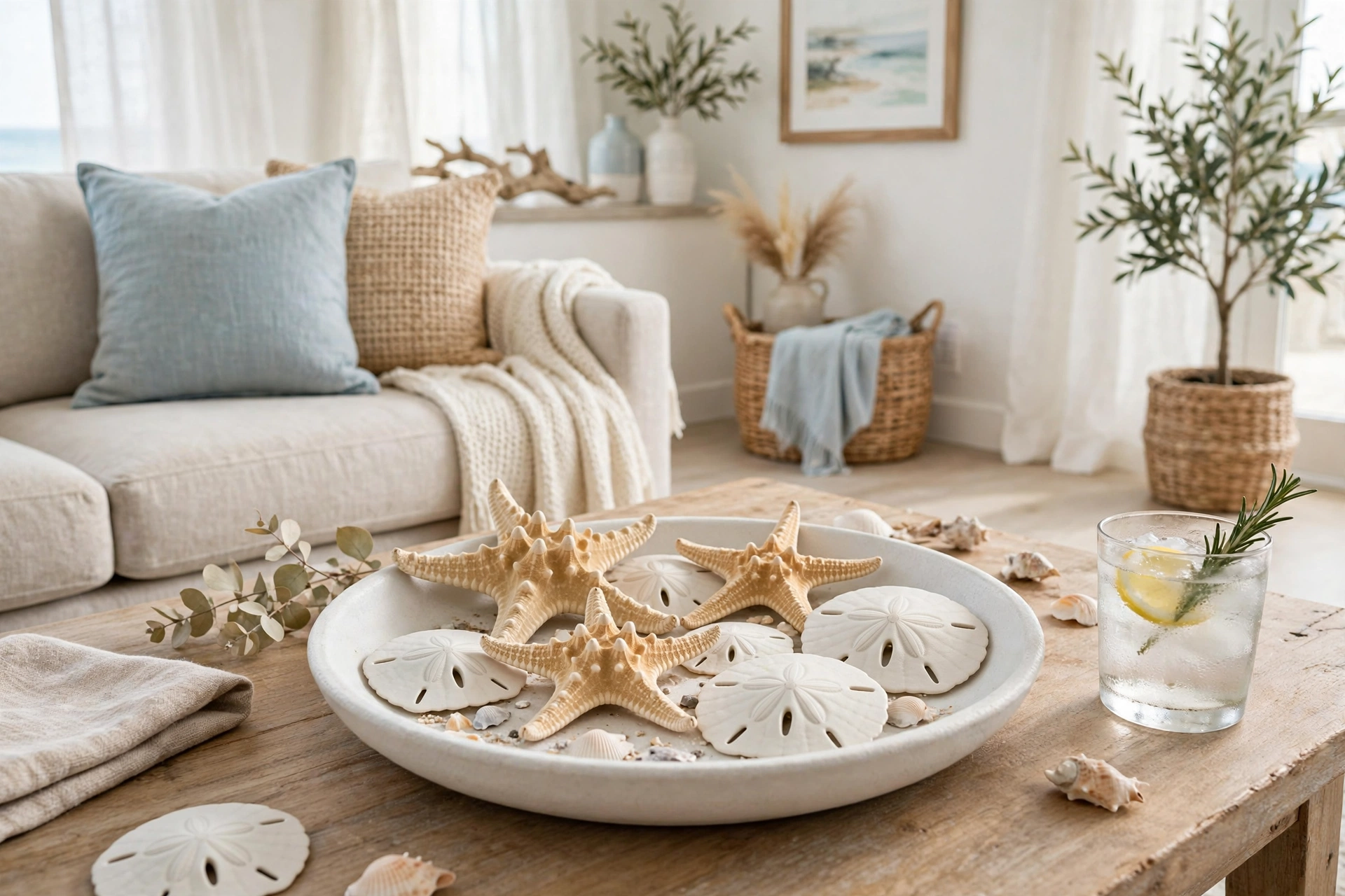 Shallow white dish holding starfish and sand dollars on a coffee table in a bright coastal living room.