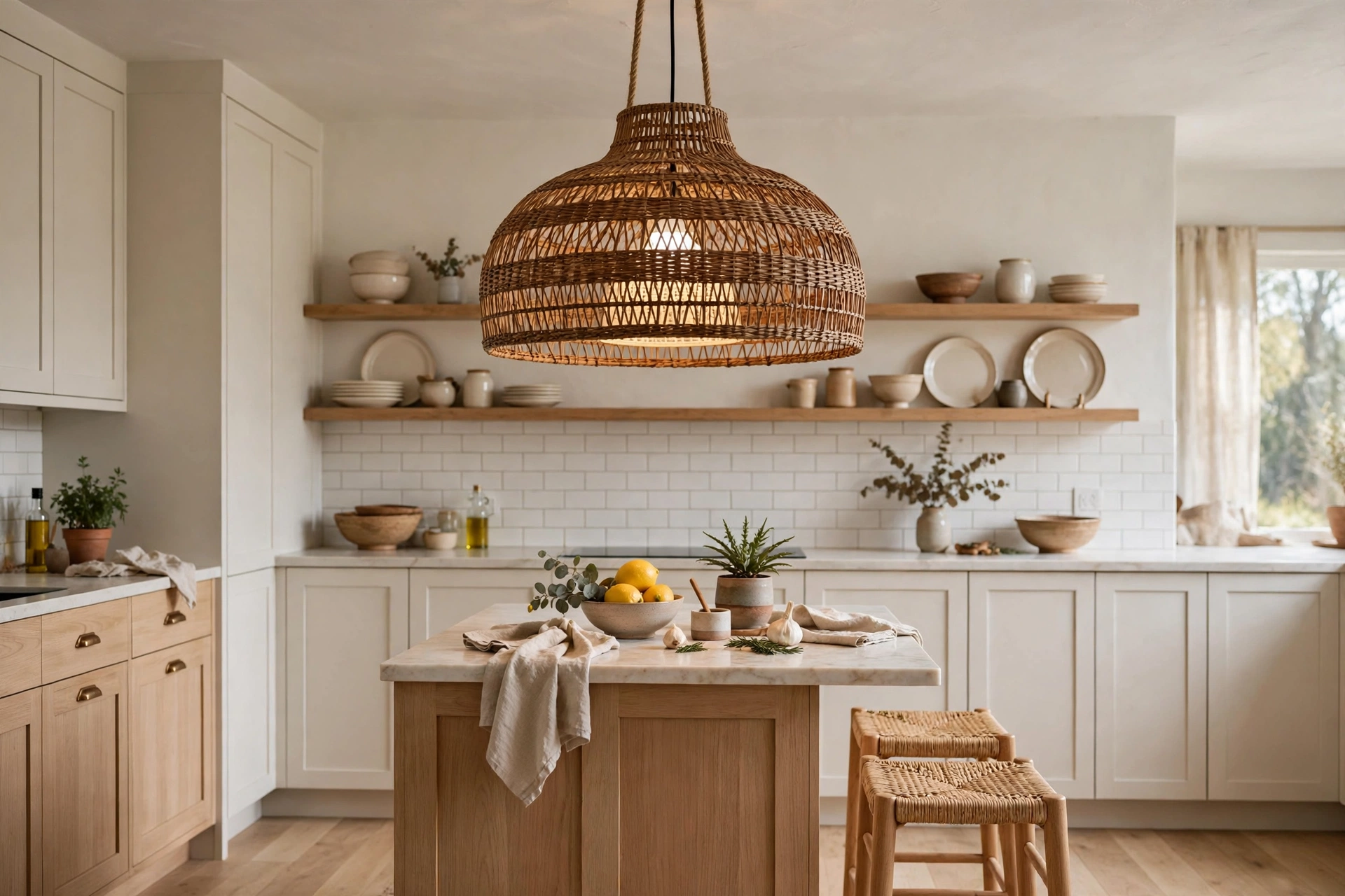 Statement rattan pendant light hanging over a small kitchen island.