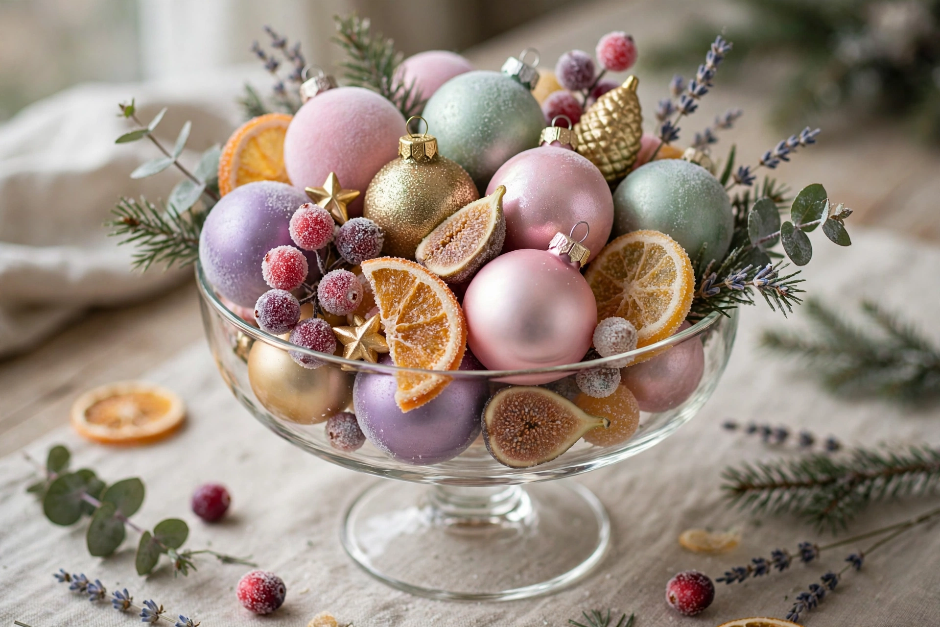 Footed glass bowl filled with pastel pink, lavender, and mint ornaments with sugared fruits.