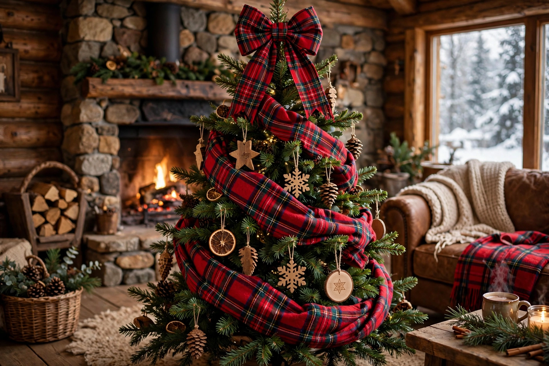 Christmas tree wrapped with cozy red tartan scarves draped around the branches