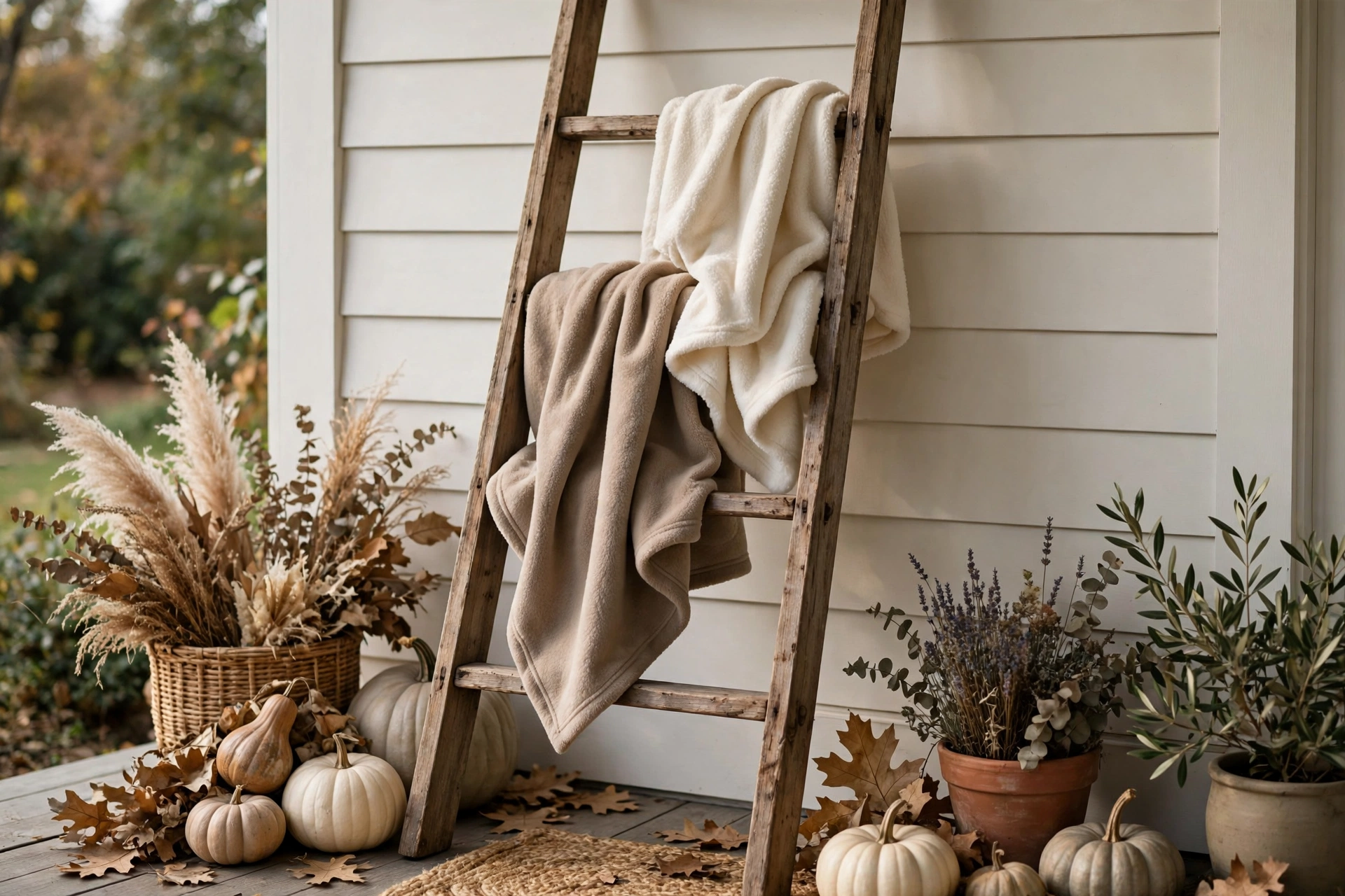Wooden ladder with taupe and cream fleece throws draped over rungs on a porch.