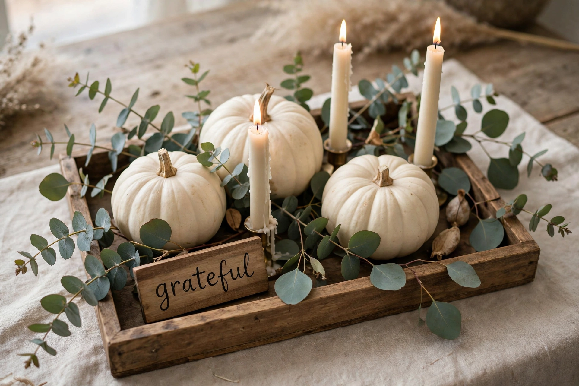 Low wooden tray with white pumpkins, eucalyptus, taper candles, and a grateful sign.