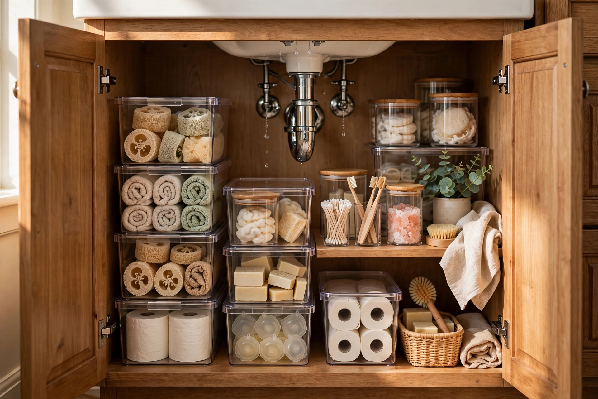 Under-sink organizers in a small bathroom — small bathroom decor idea