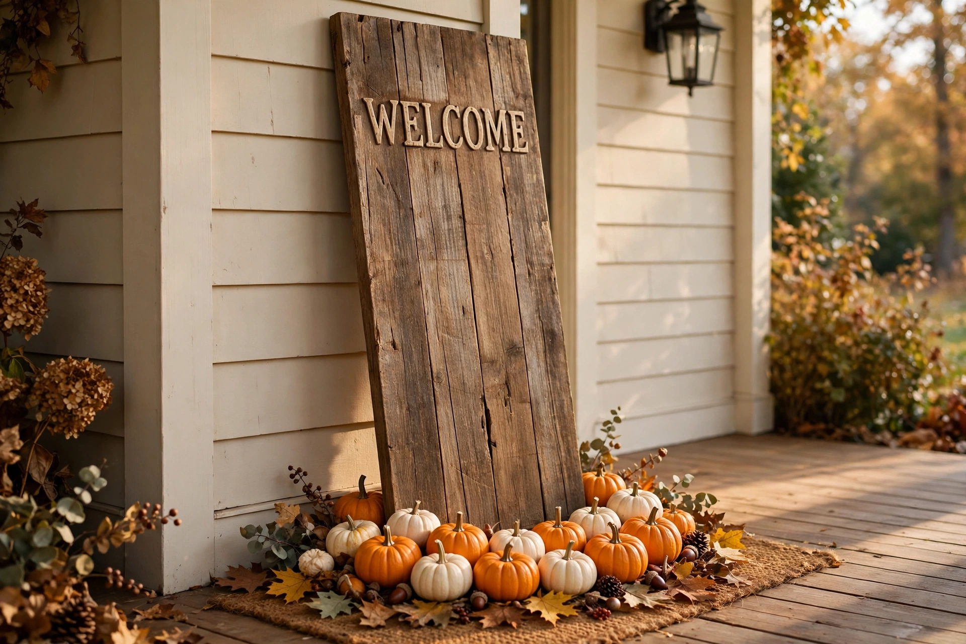 Tall wooden welcome sign with mini pumpkins arranged at its base.