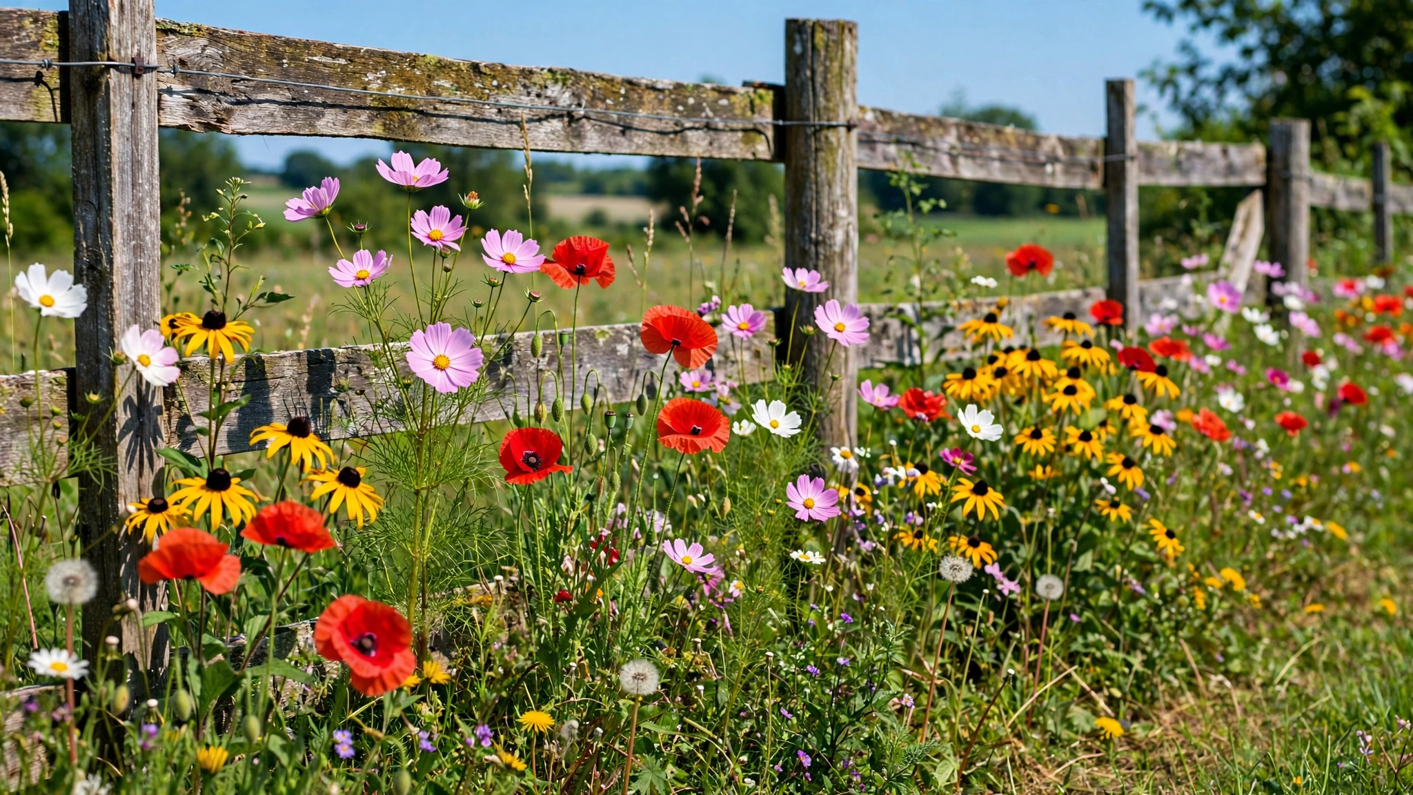 A colorful wildflower meadow strip with cosmos and poppies blooming along a fence.
