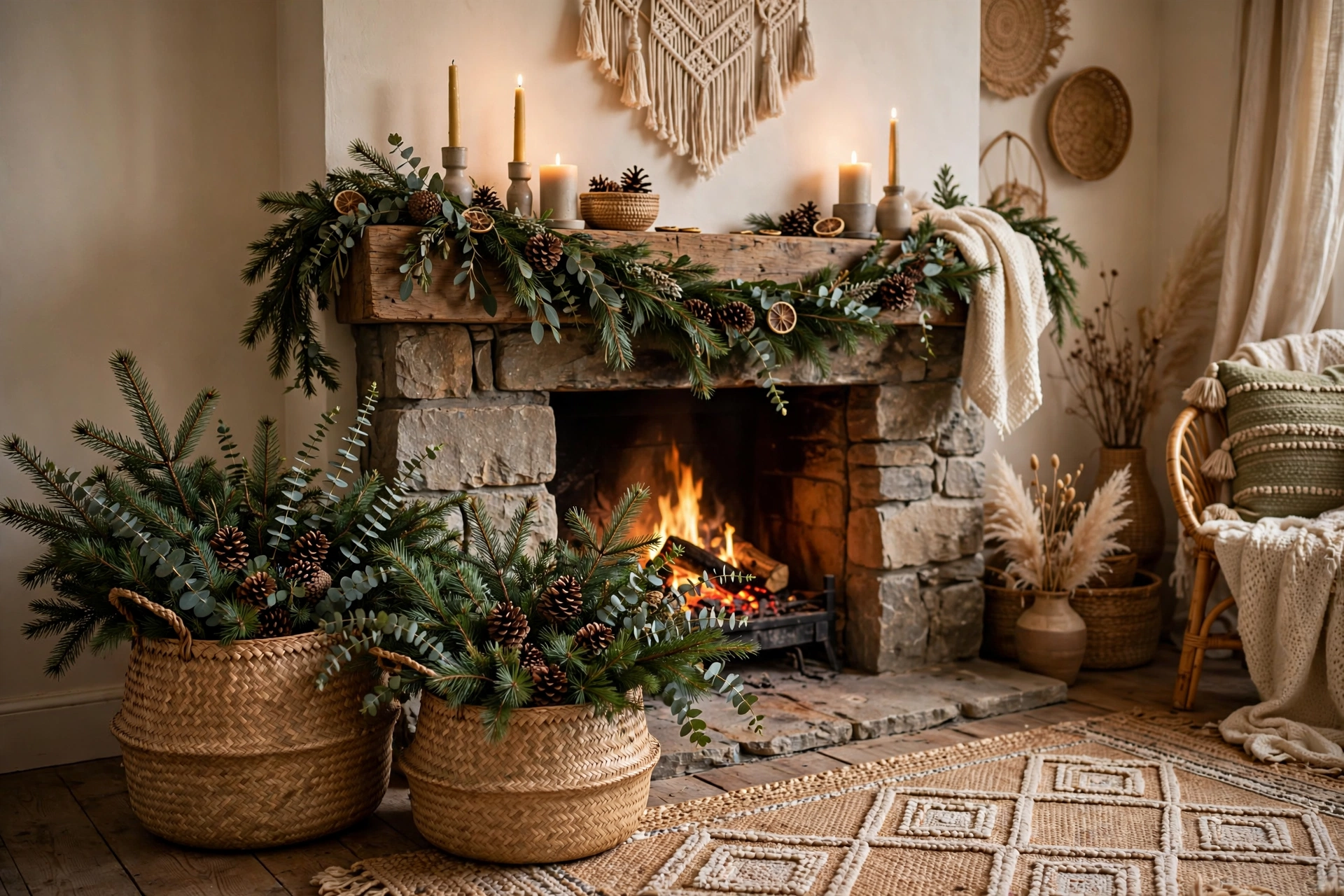 Woven seagrass baskets filled with pine branches and eucalyptus by a fireplace