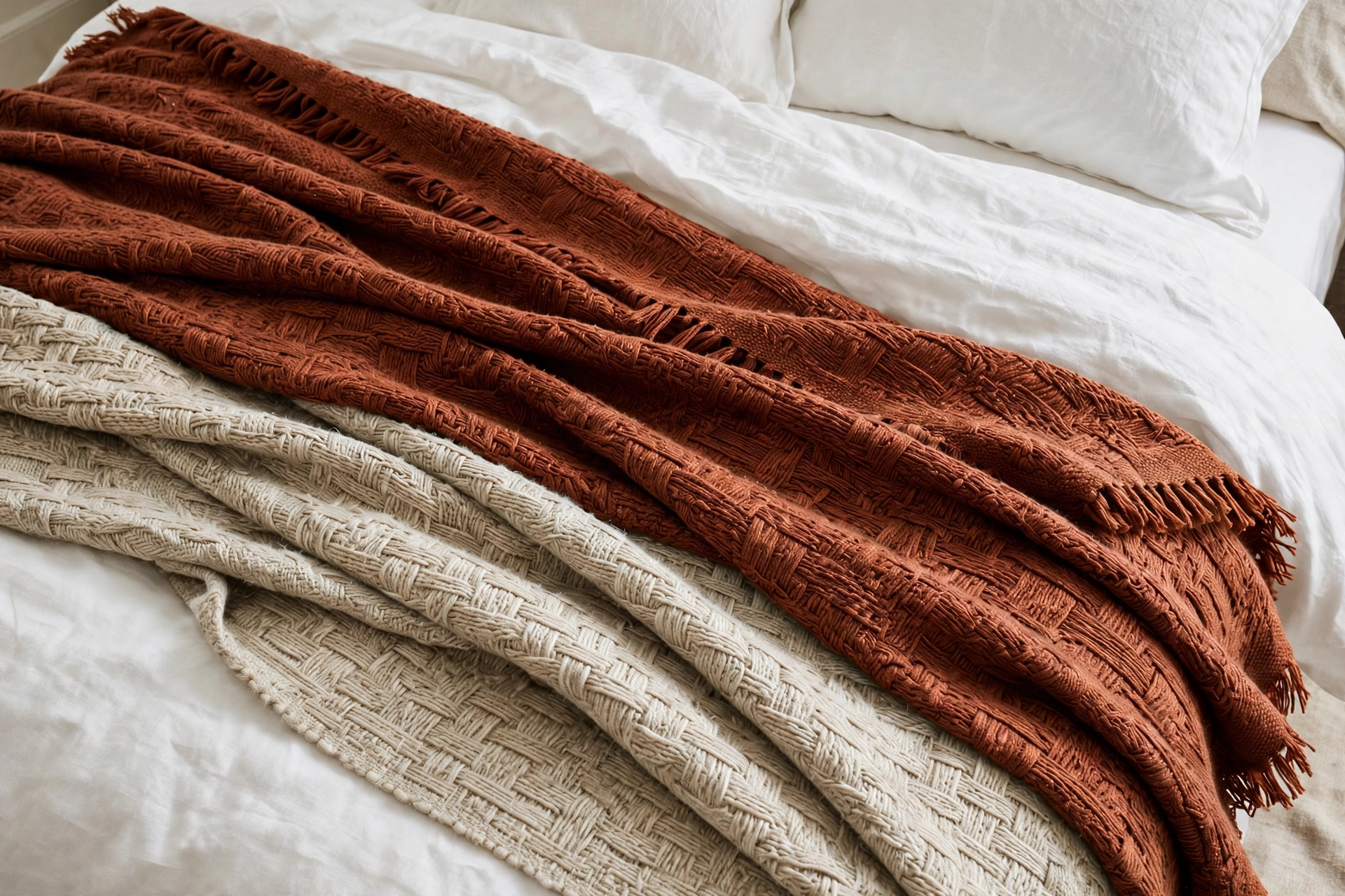 Layered woven wool blankets in rust and oatmeal over white bedding.