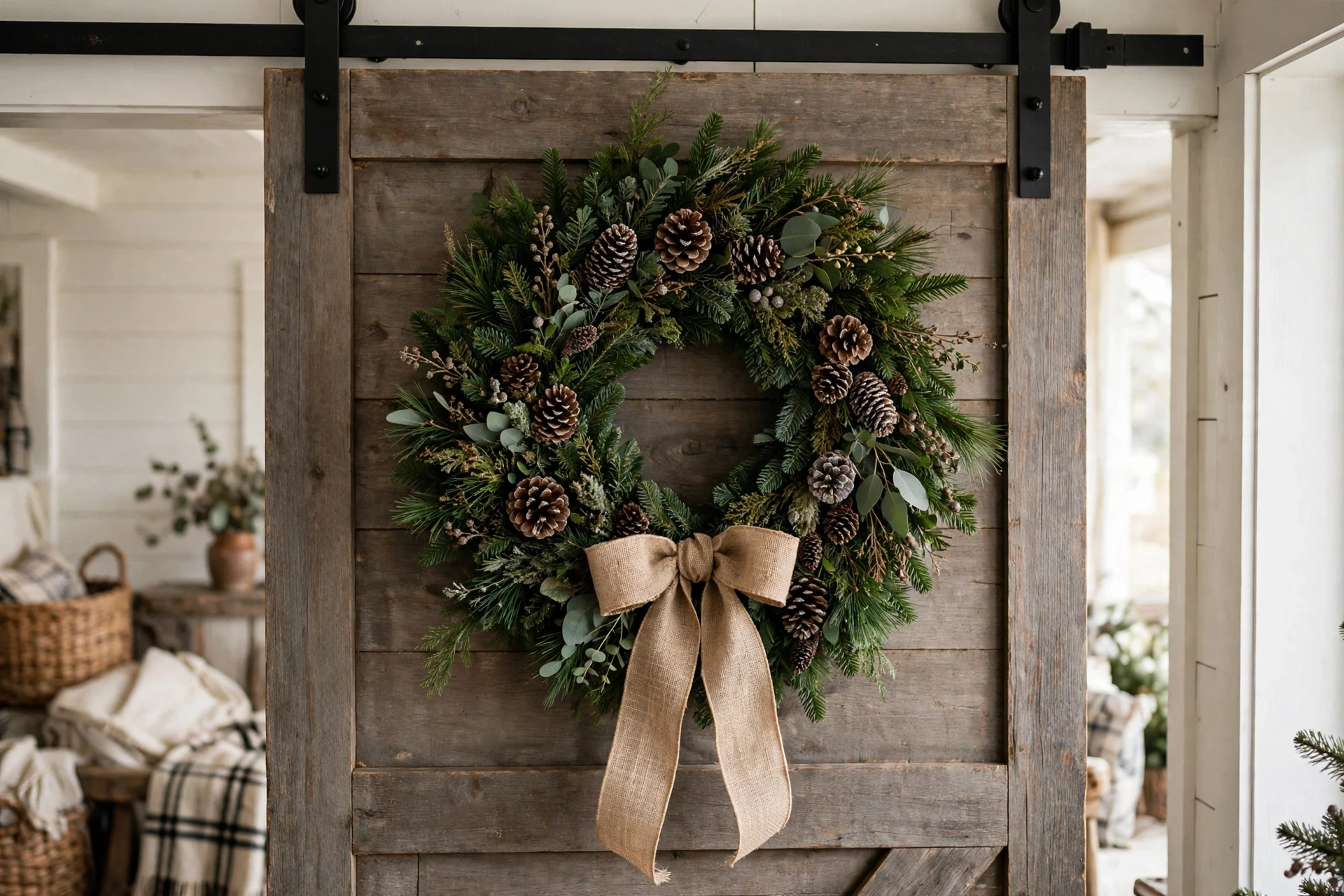 Lush evergreen wreath with burlap ribbon hanging on a wooden sliding barn door.