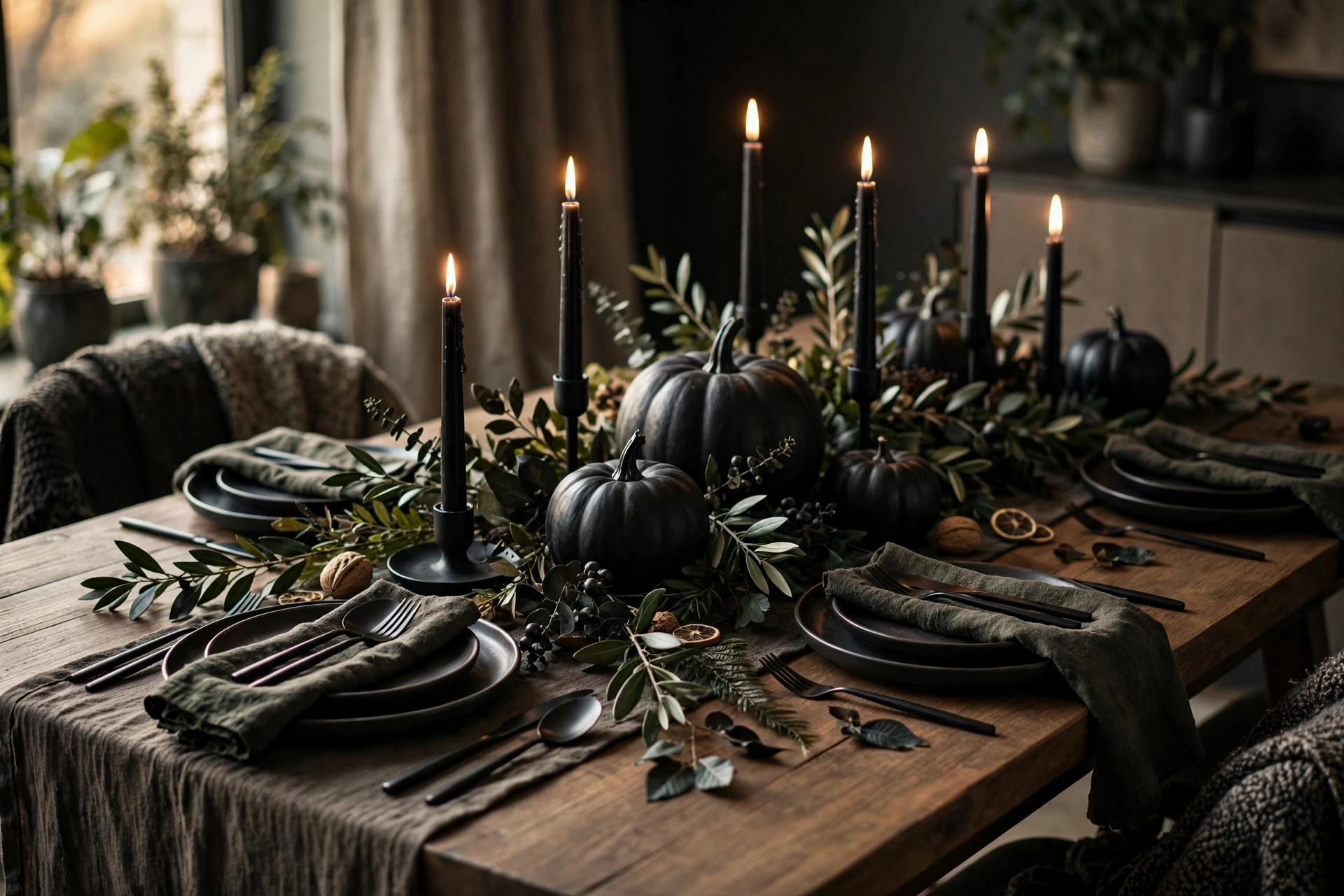 Black and moody modern centerpiece — Thanksgiving centerpiece idea