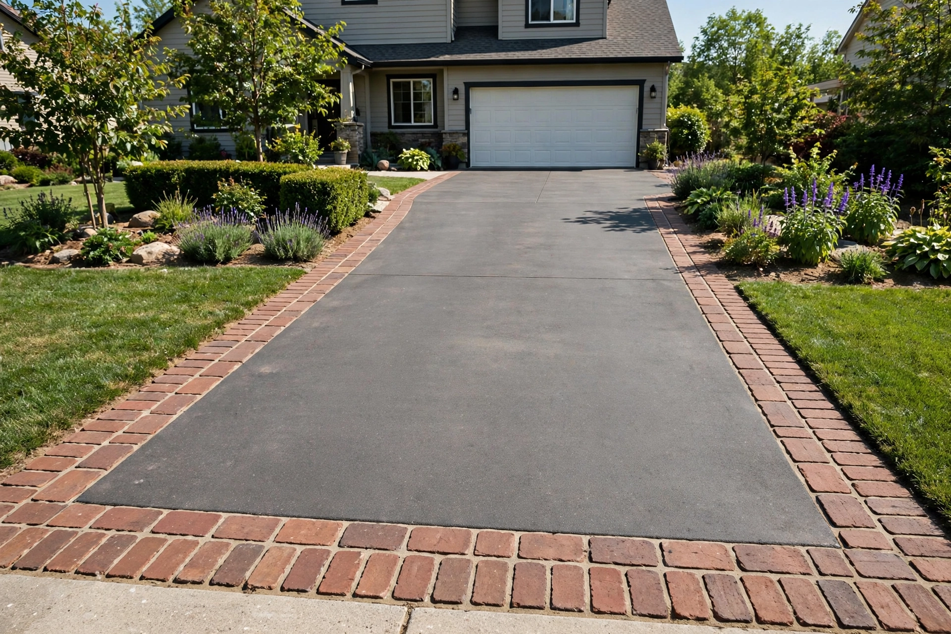 Driveway framed with a contrasting brick paver border in a front yard.