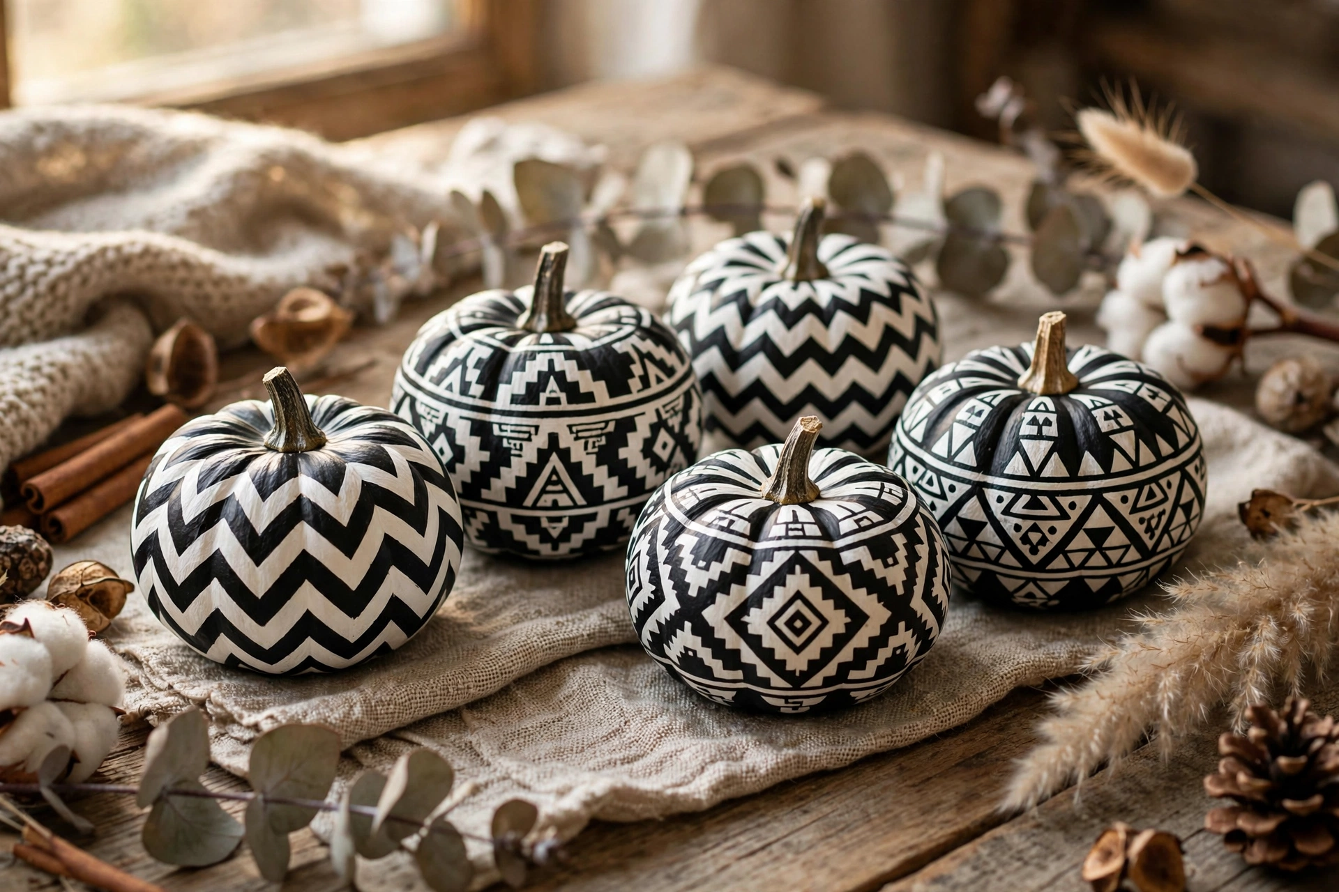 Chevron and aztec pattern mini pumpkins — mini pumpkin painting idea