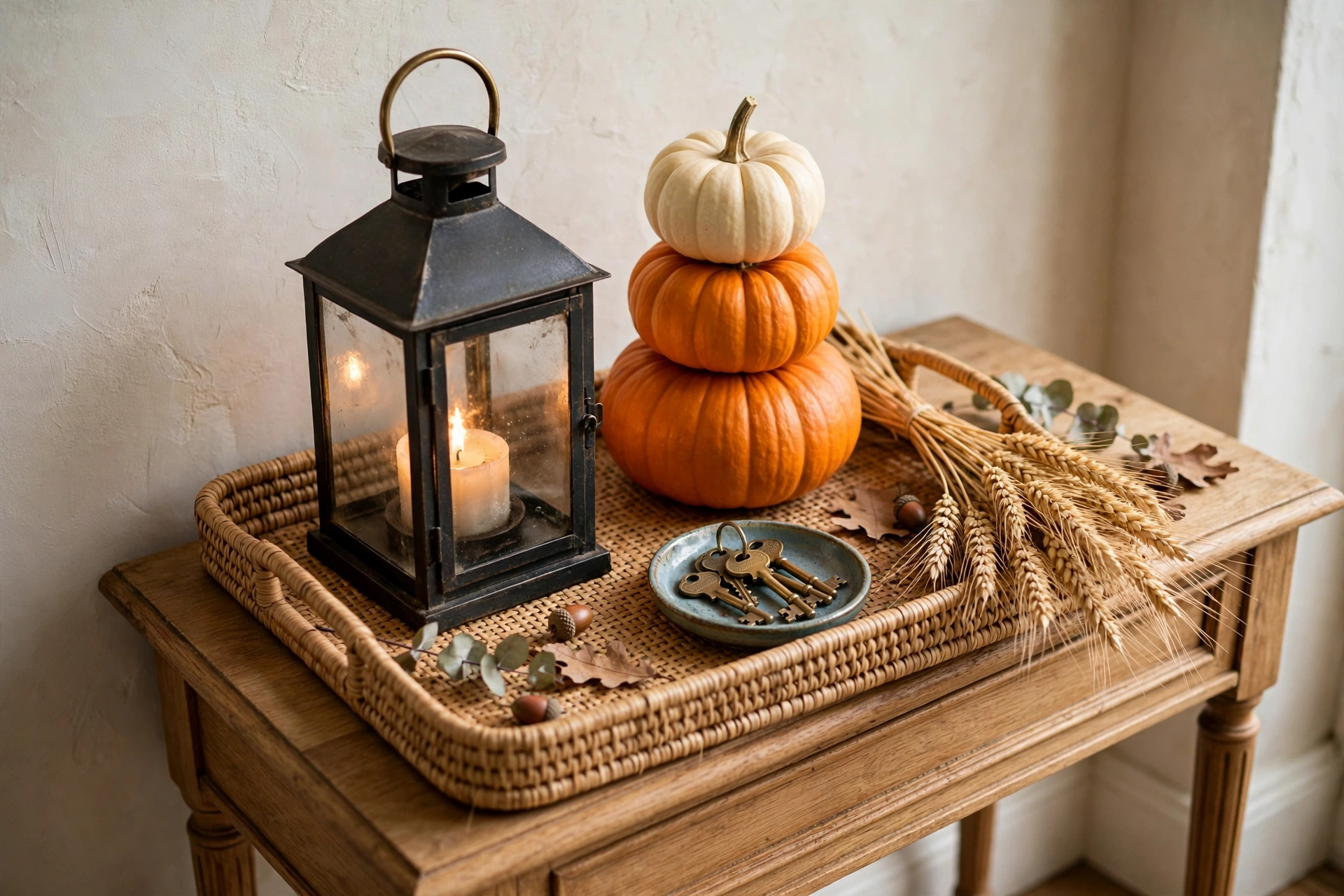 Console table tray with a lantern, stacked pumpkins, a key dish, and wheat stems.