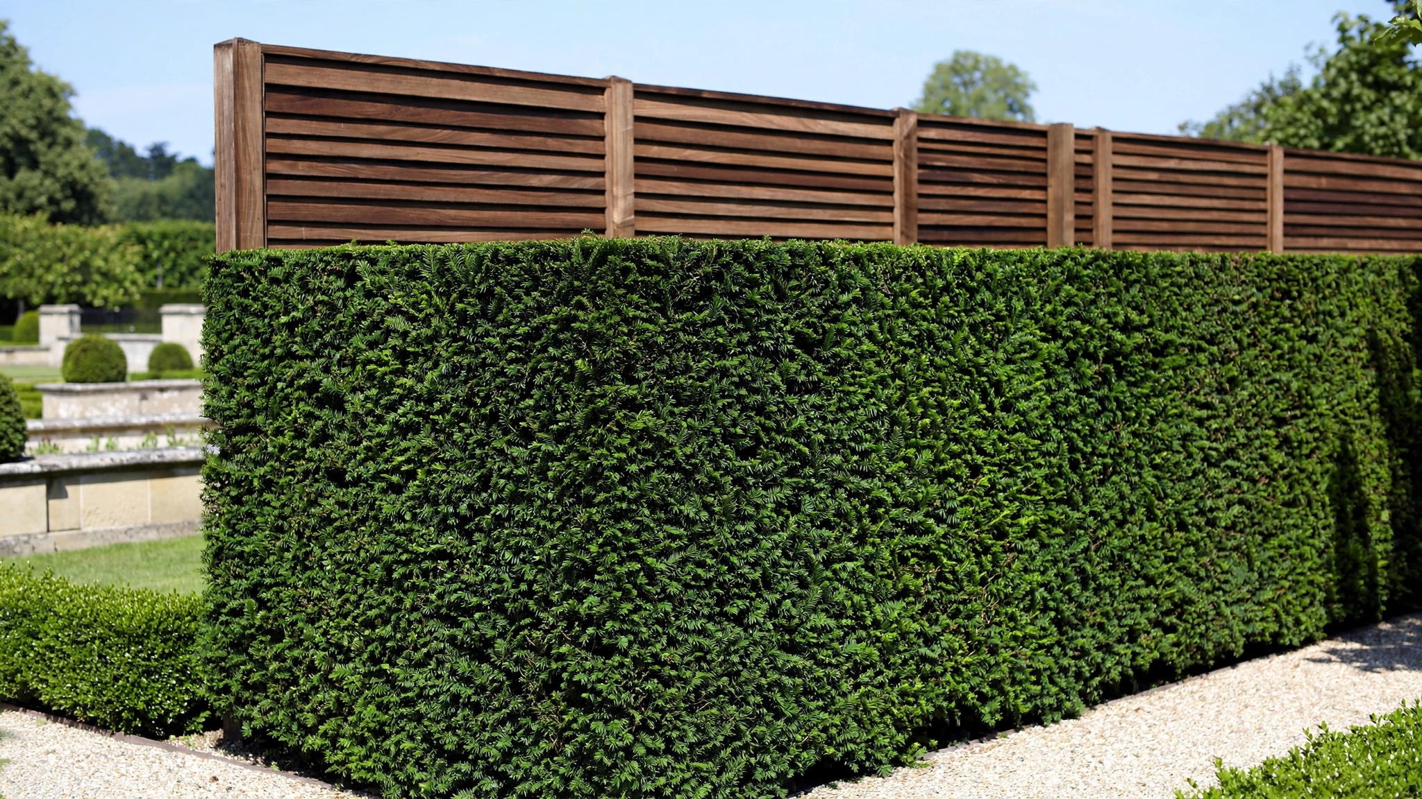 A neatly clipped evergreen hedge screen growing in front of a wooden fence.