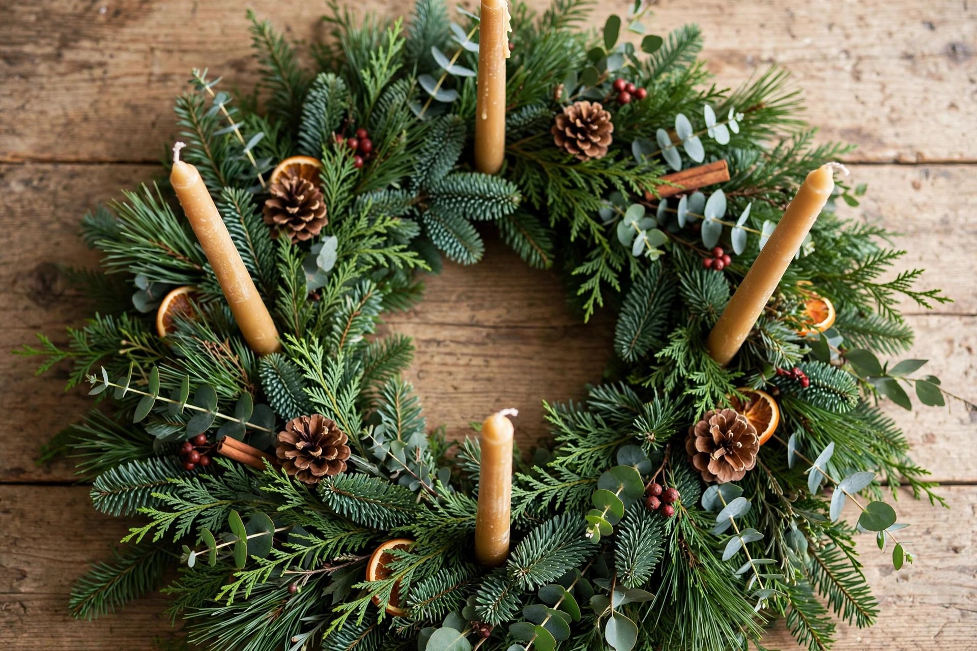 Evergreen wreath laid flat with four taper candles tucked into the greenery.