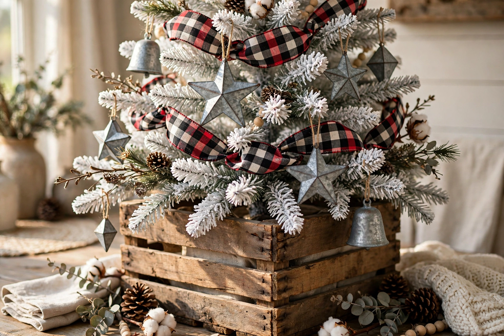Farmhouse plaid white tree — white Christmas tree idea