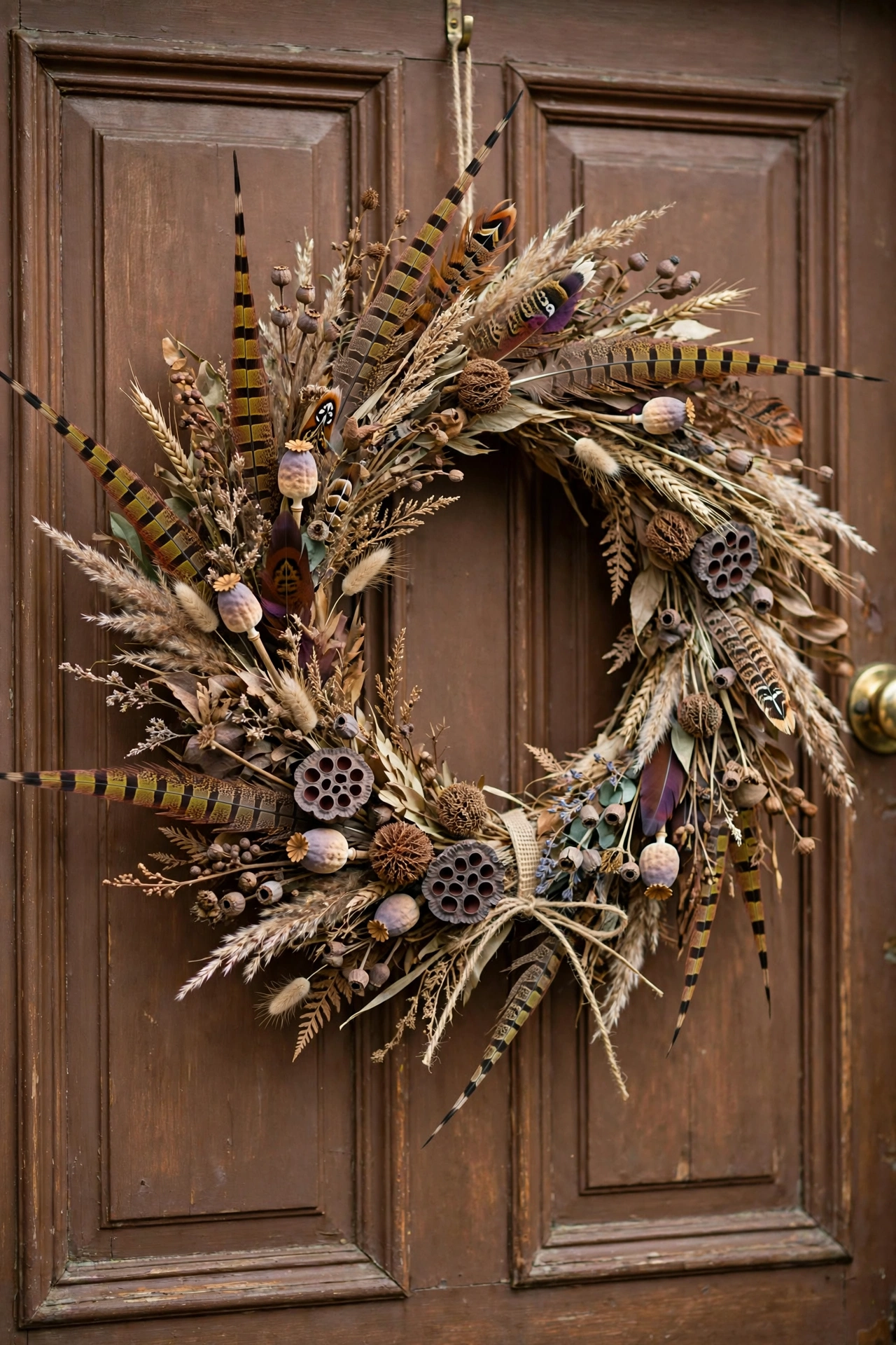 Elegant wreath with pheasant feathers dried grasses and seed pods on a brown door.