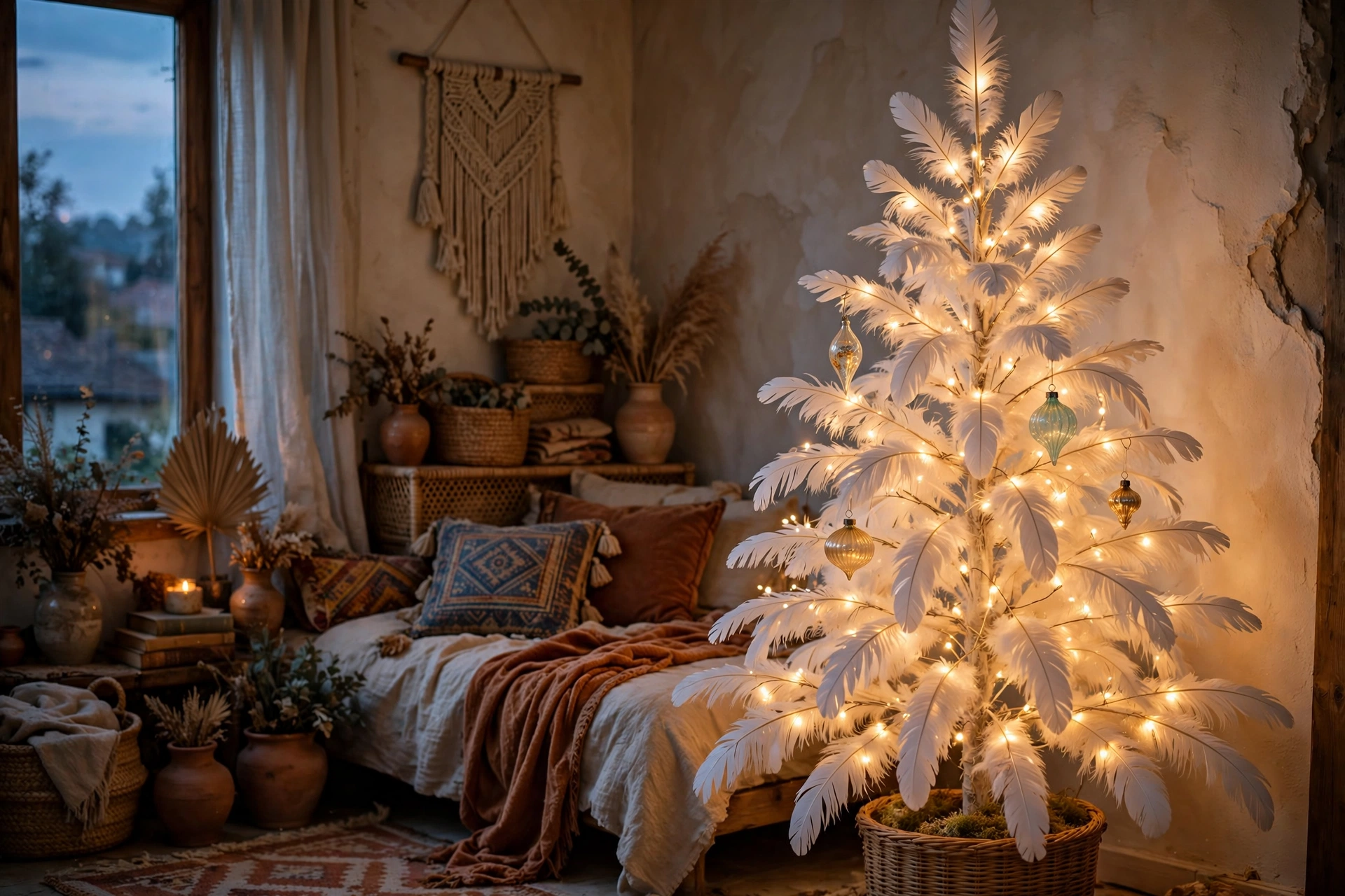 A vintage feather Christmas tree wrapped in warm fairy lights