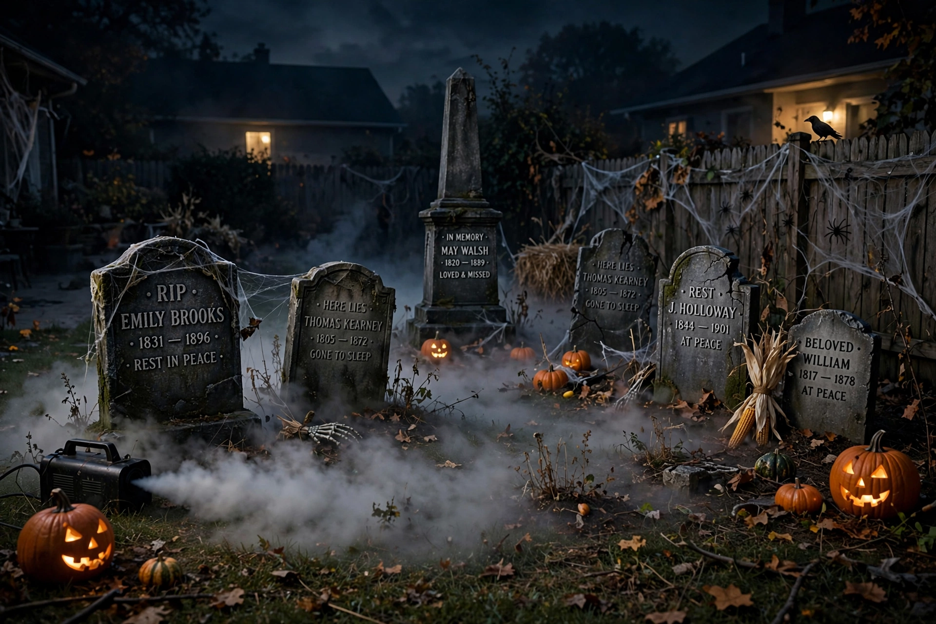 Backyard graveyard with tombstones shrouded in low fog from a fog machine at night.
