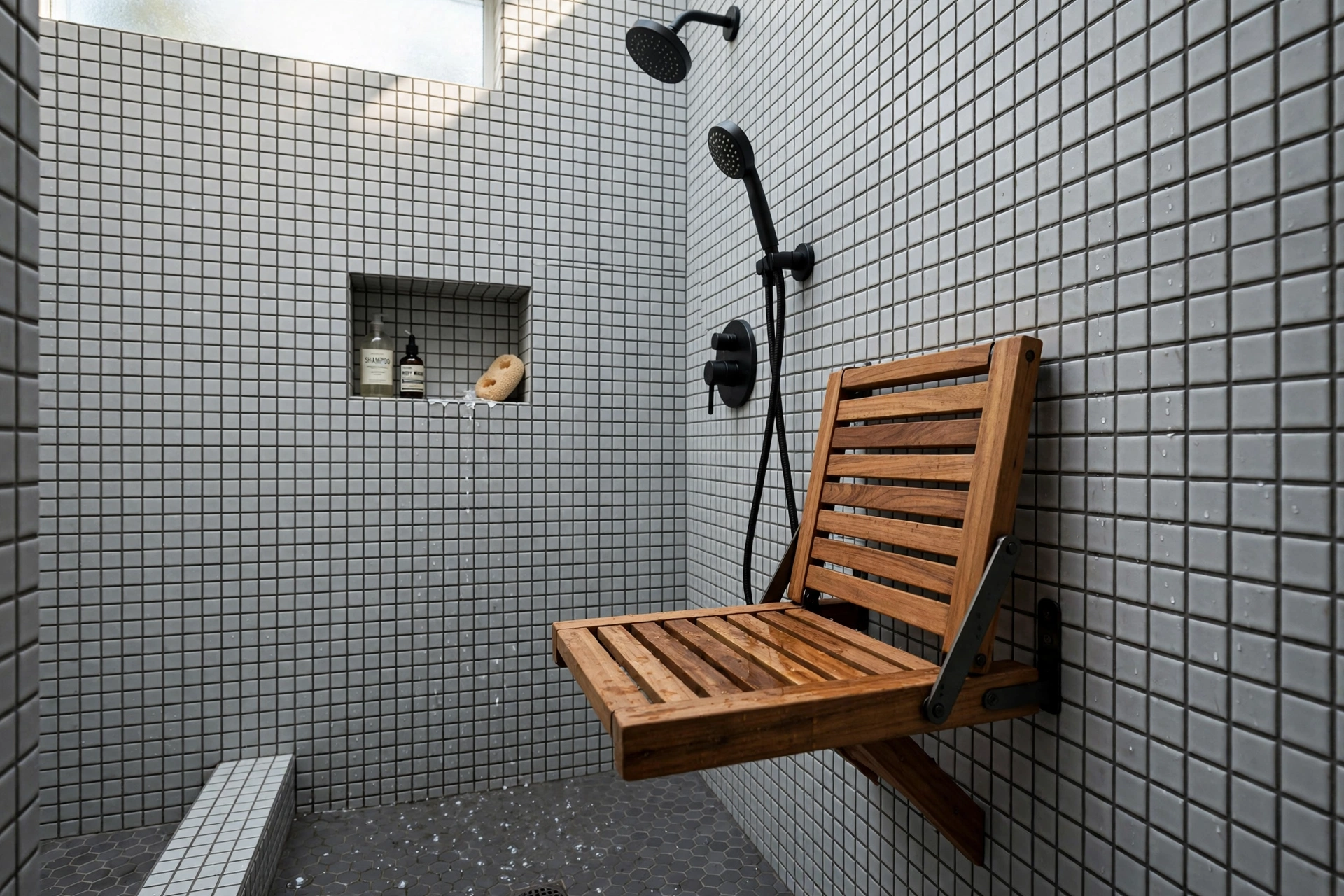 Fold-down shower seat — small bathroom idea