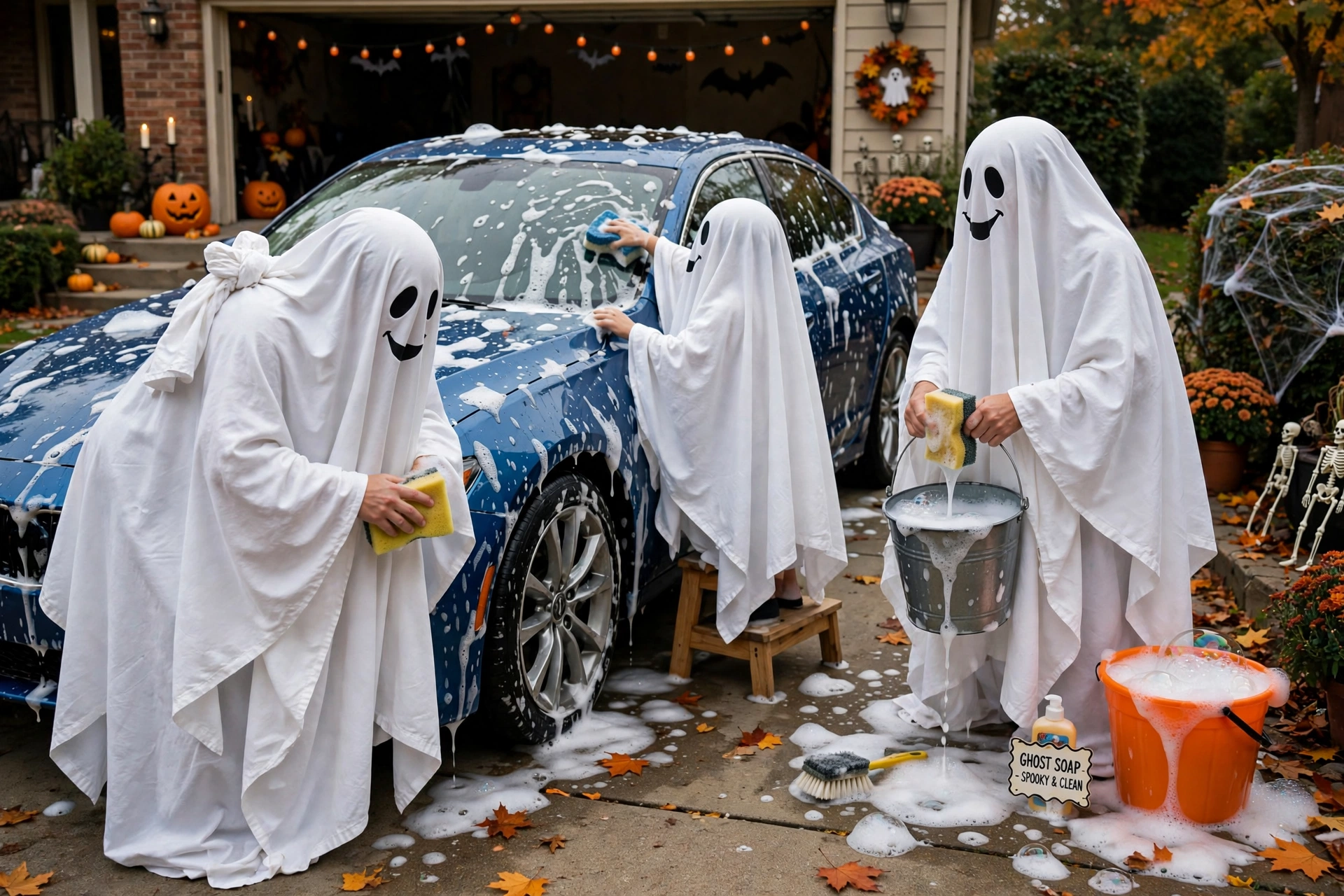 Sheet ghosts with sponges and a bucket appearing to wash a car in a driveway.