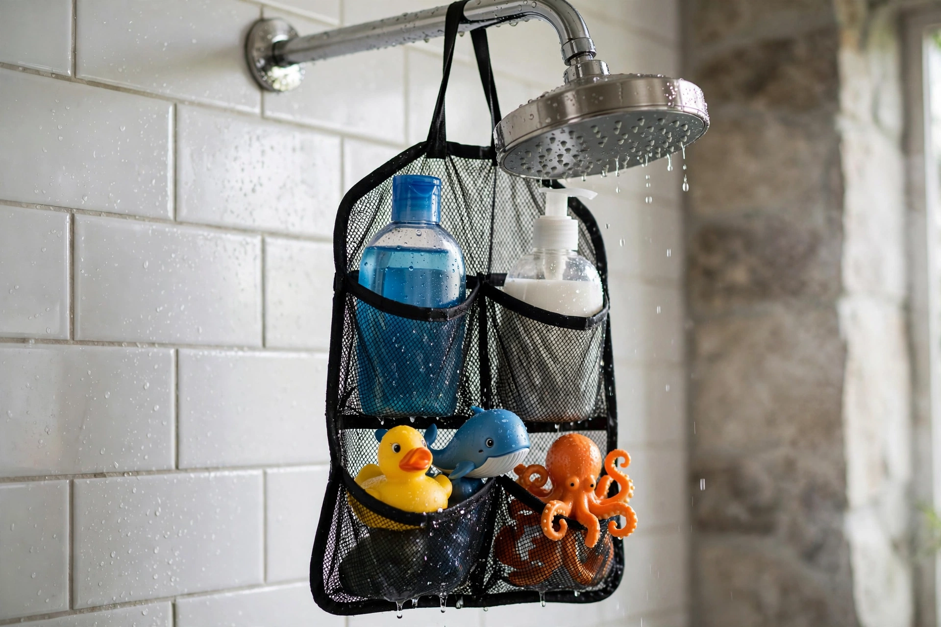 A hanging mesh shower organizer with pockets over a showerhead holding bath toys and bottles, realistic photo, no text