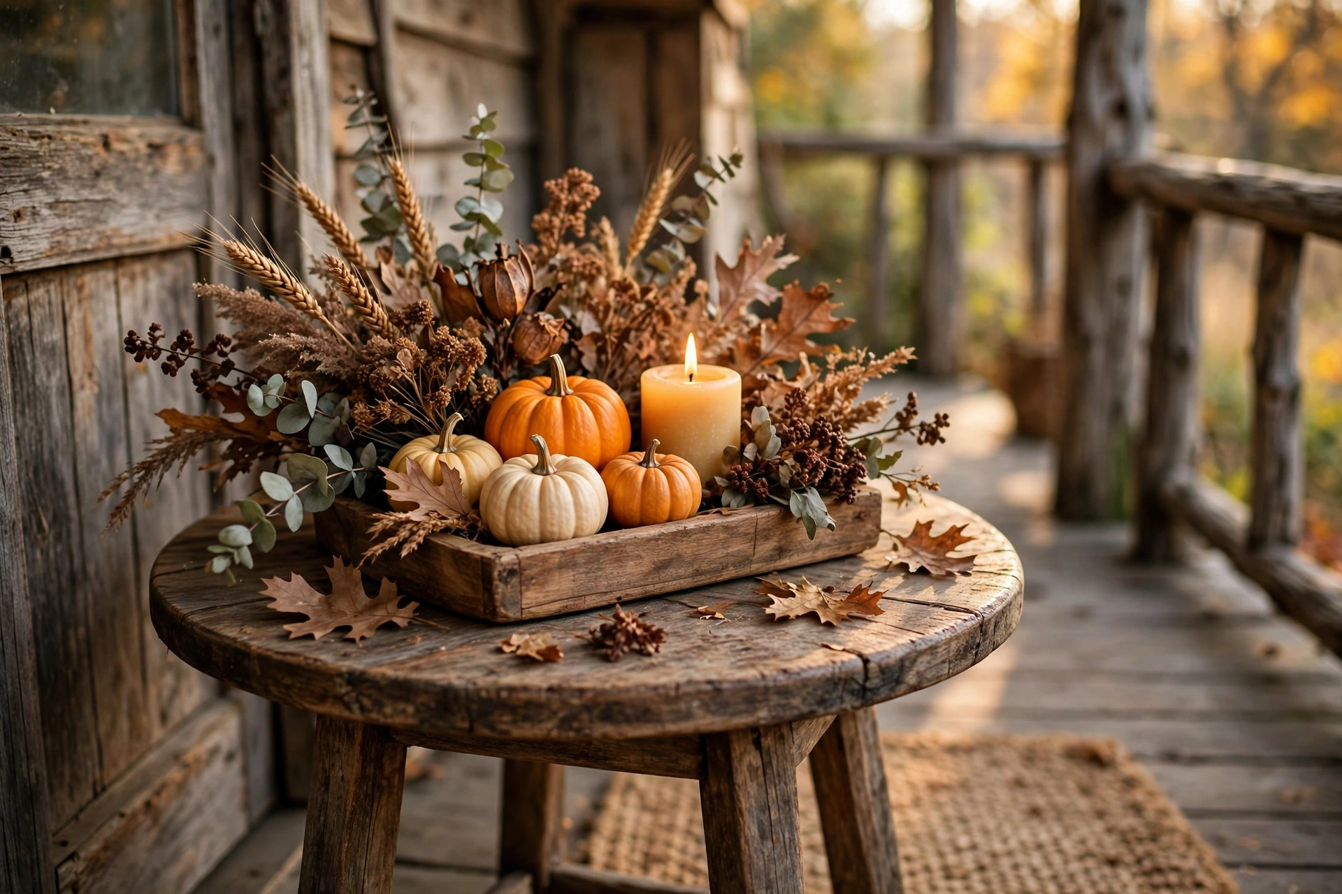 Small round porch table with a tray of pumpkins, a candle, and dried florals.