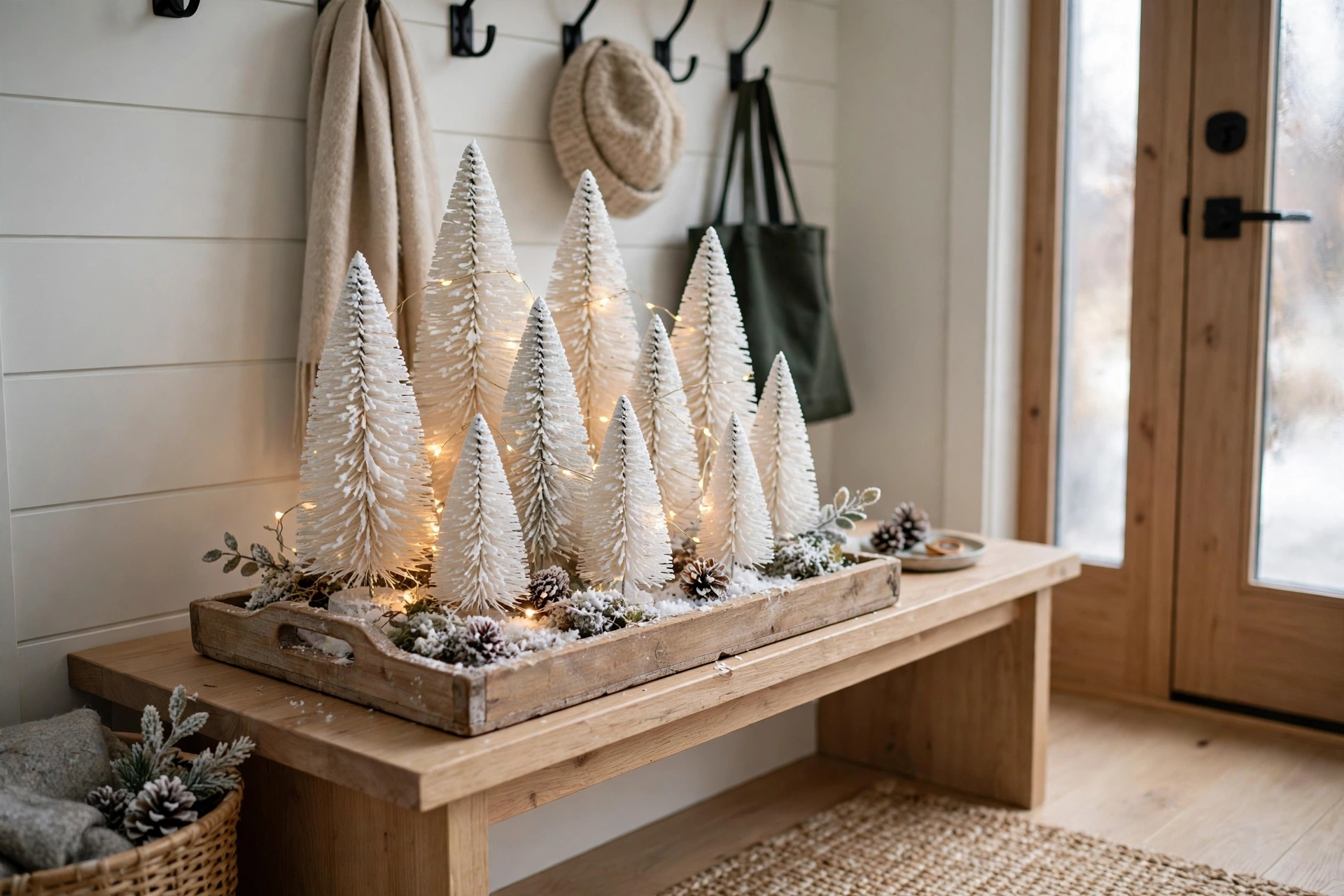 Miniature white bottle brush tree forest on an entryway tray