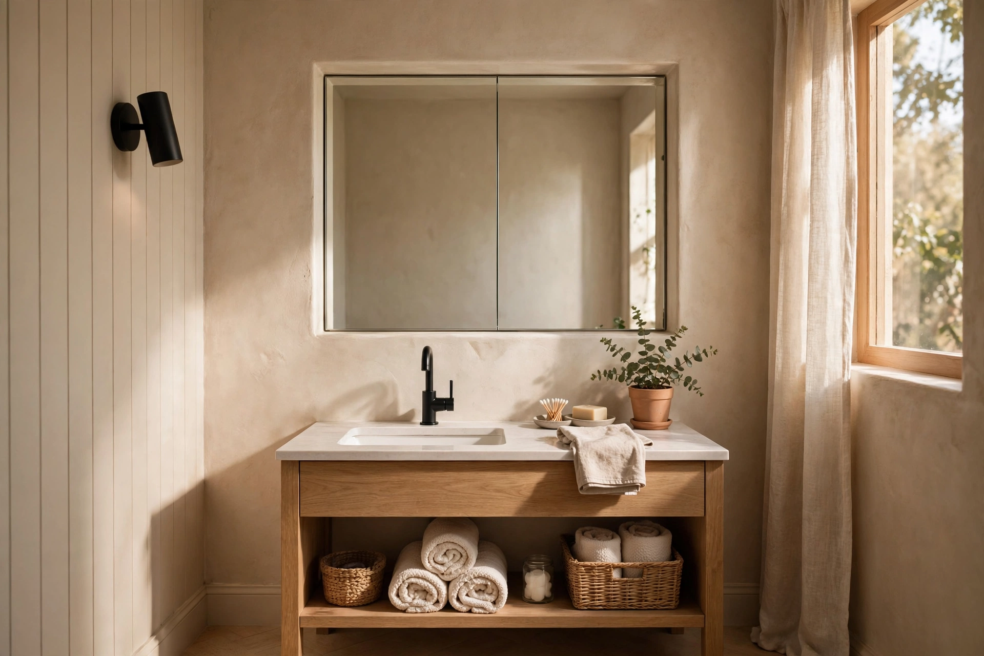 Recessed mirrored medicine cabinet in a small bathroom — small bathroom decor idea