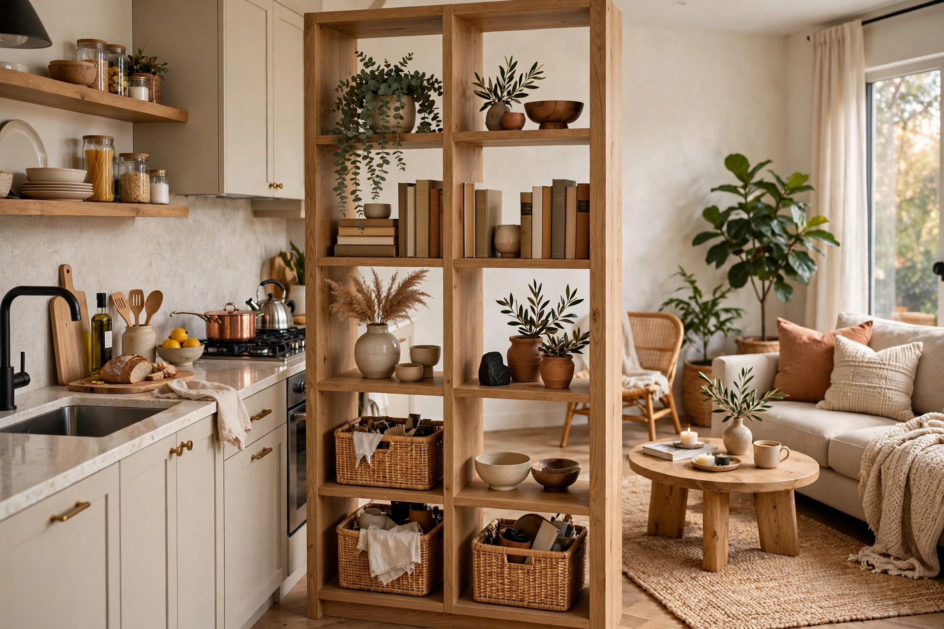 Open-back bookcase used as a room divider between kitchen and living areas.