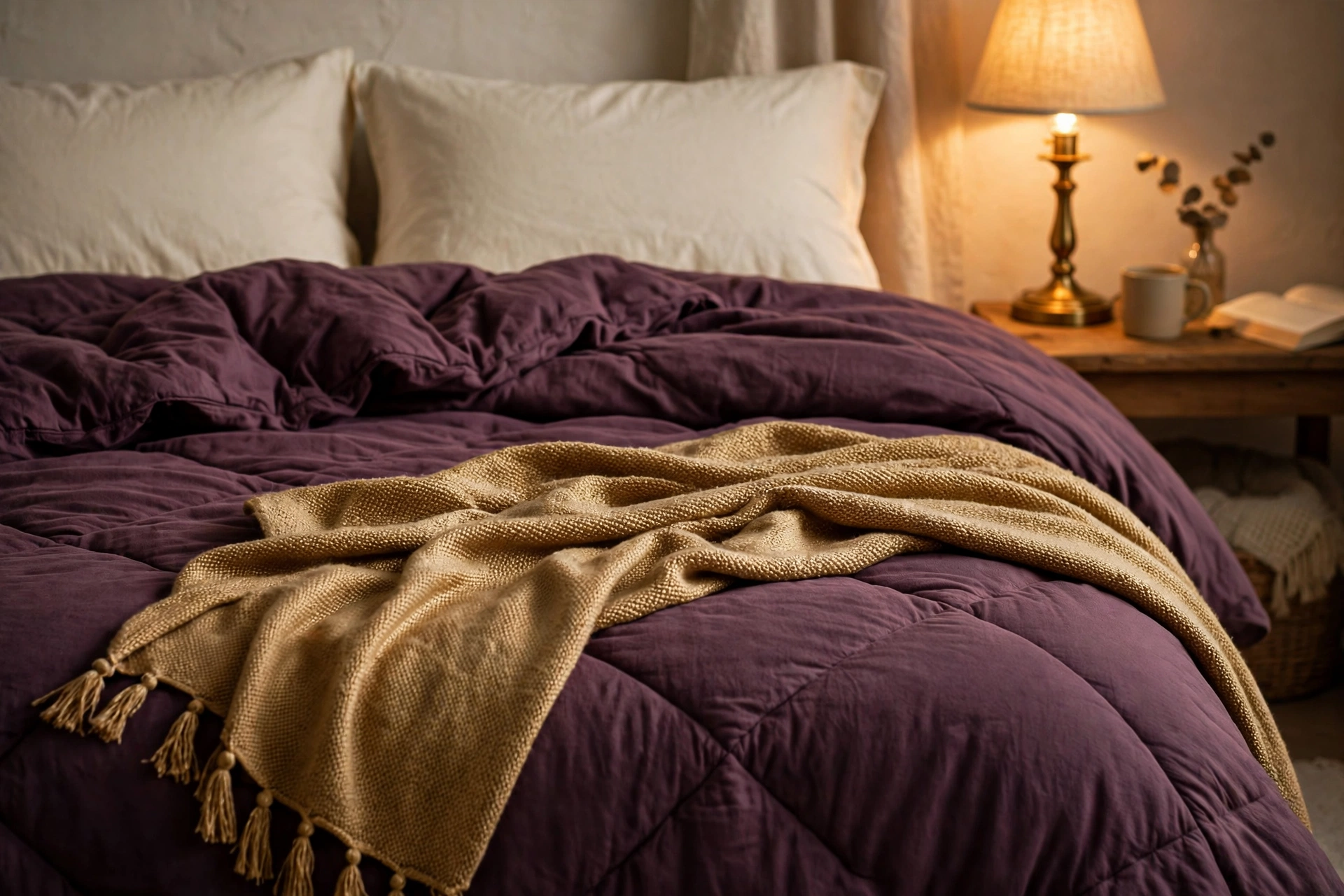 Plum duvet with a gold throw and cream pillowcases in lamplight.