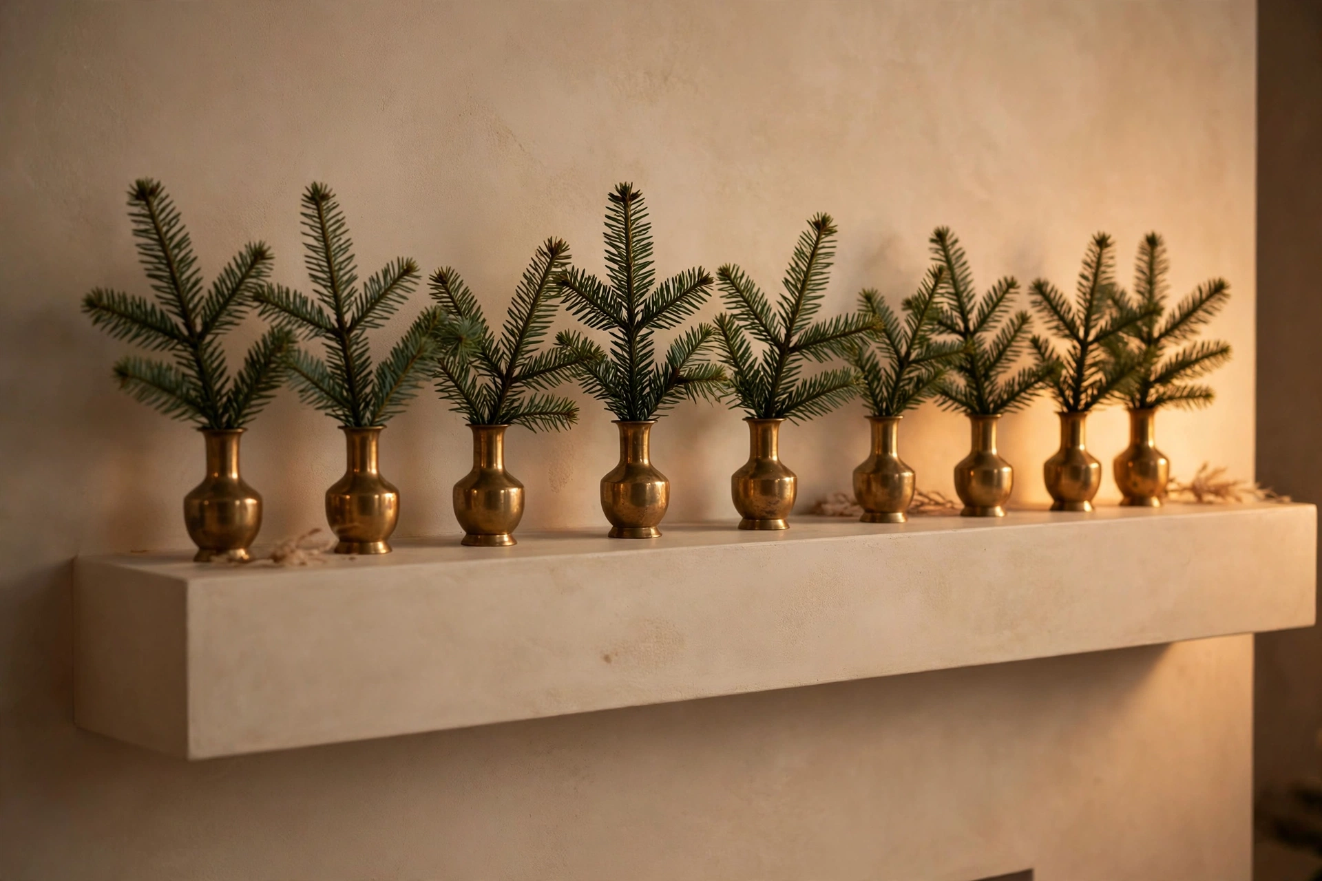 Simple fresh fir sprigs in small brass bud vases lined along a minimal modern mantel.