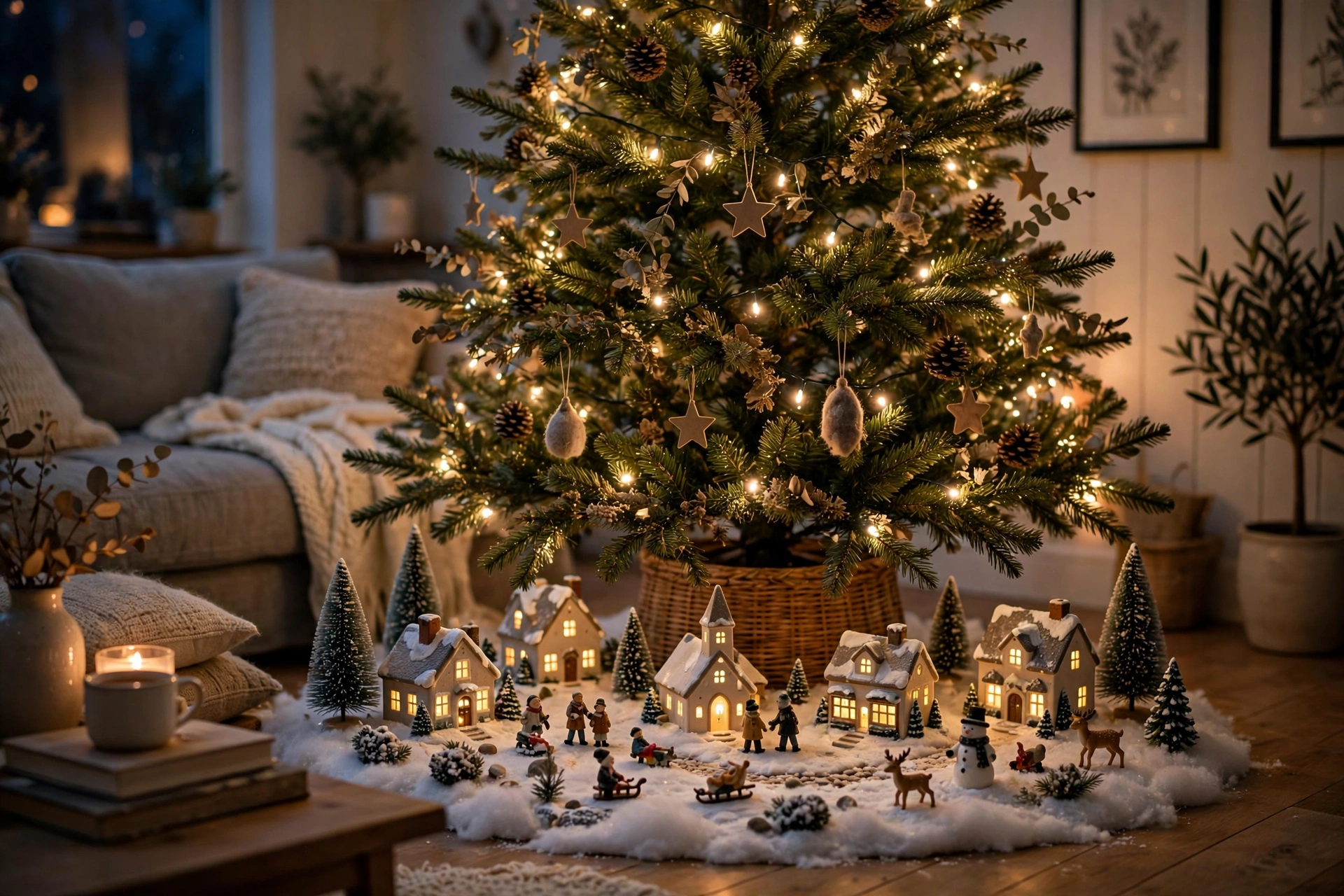 Christmas tree with a lit miniature snow village scene at its base with tiny houses