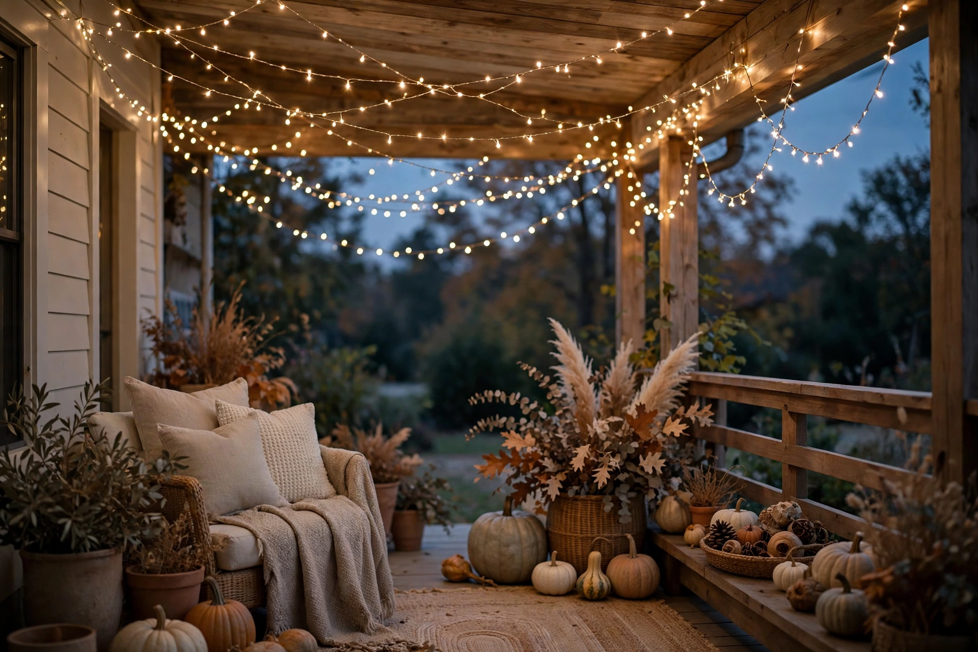 Soft white fairy lights strung across a porch ceiling at dusk.