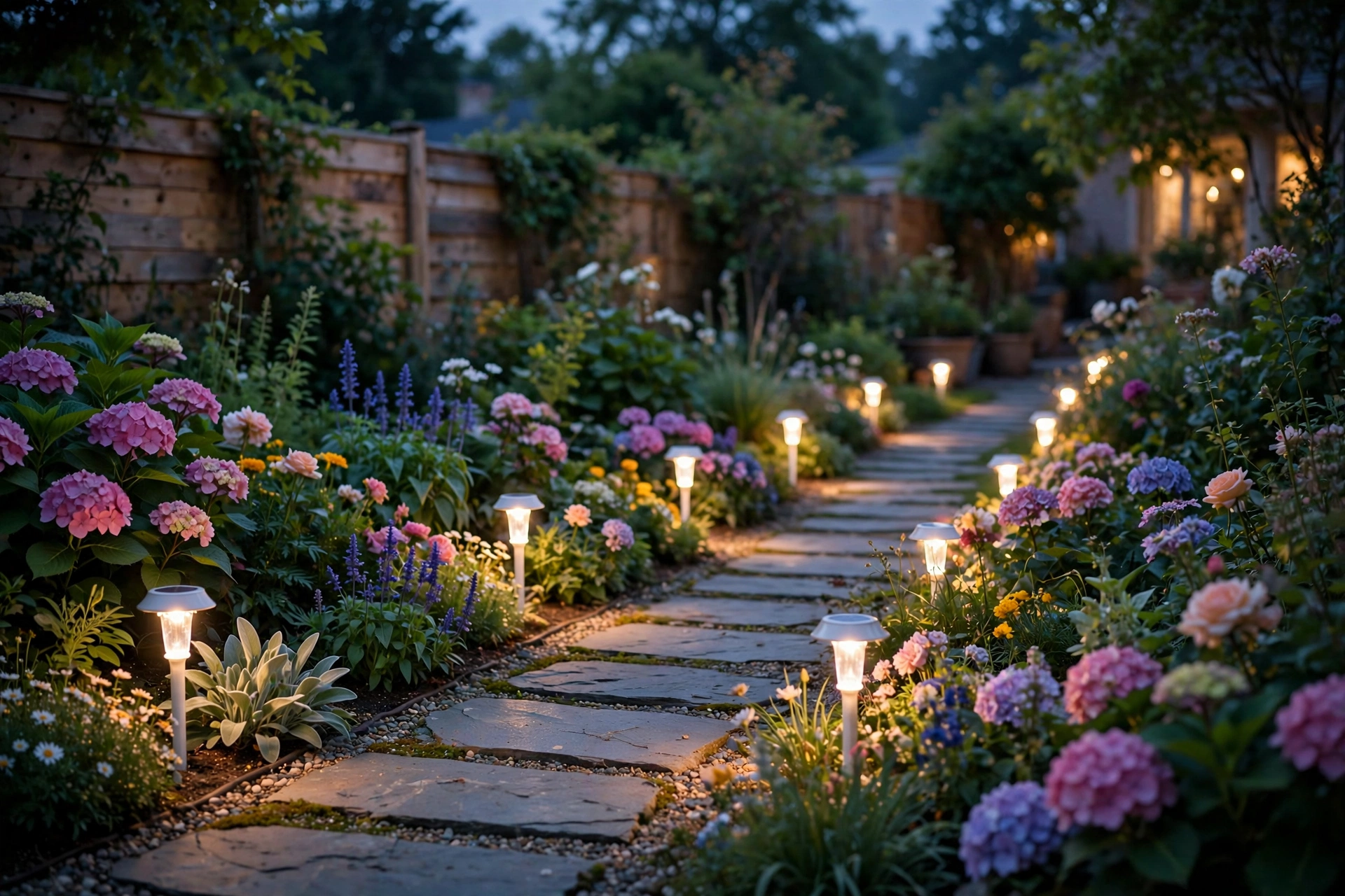 Warm solar path lights lining a garden walkway at dusk, glowing softly beside flower beds
