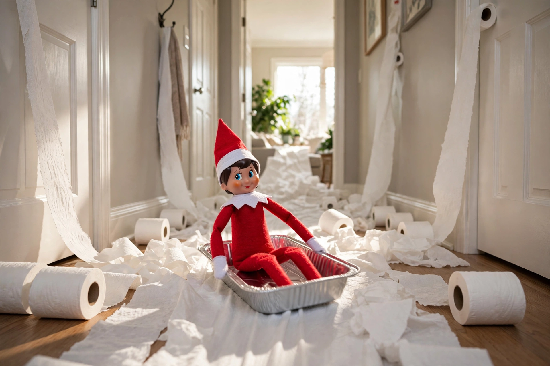 Toilet paper snowstorm elf arrival — elf on the shelf arrival idea